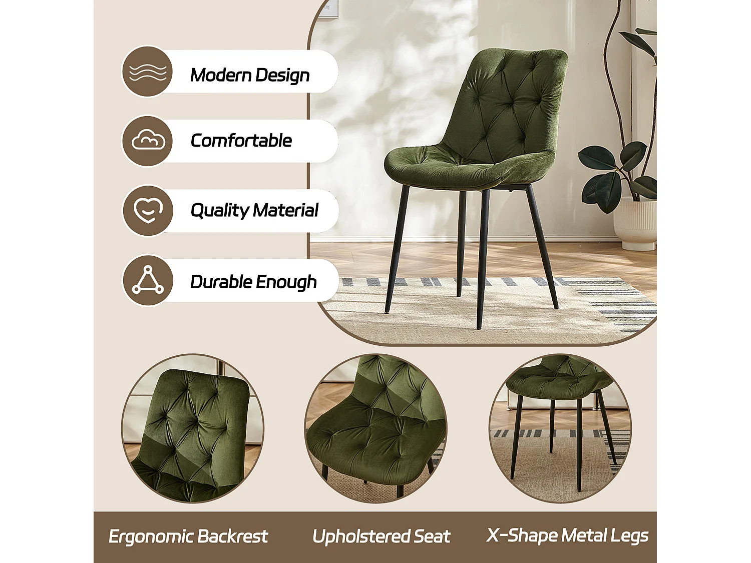 SONARA Modern Set of 2 Velvet Dining Chairs with Ergonomic Upholstered Seat