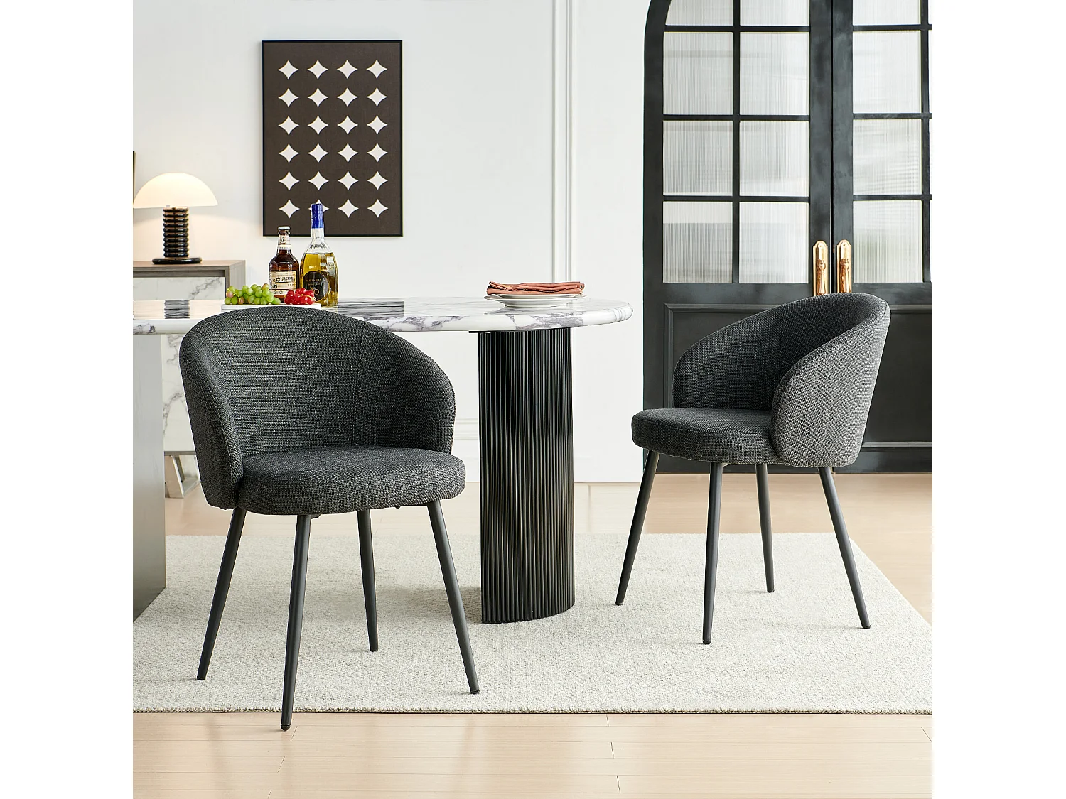 SONARA Modern Set of 2 Chunky Weave Fabric Ergonomic Dining Chairs with Arms
