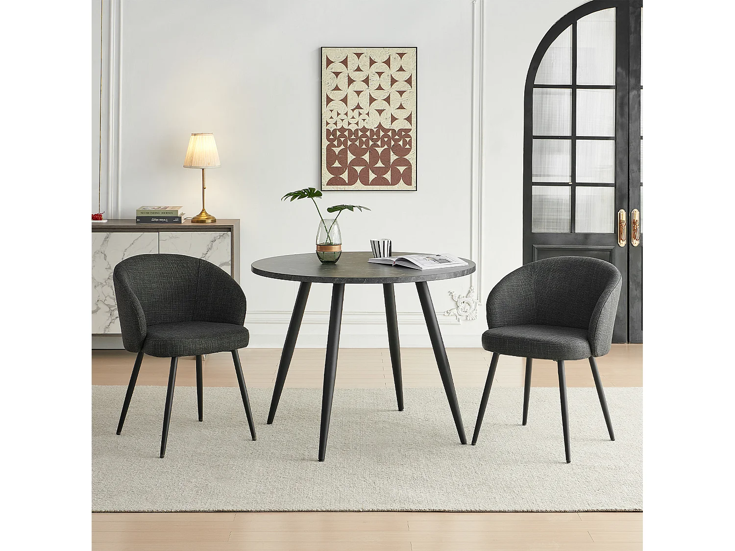 SONARA Modern Set of 2 Chunky Weave Fabric Ergonomic Dining Chairs with Arms