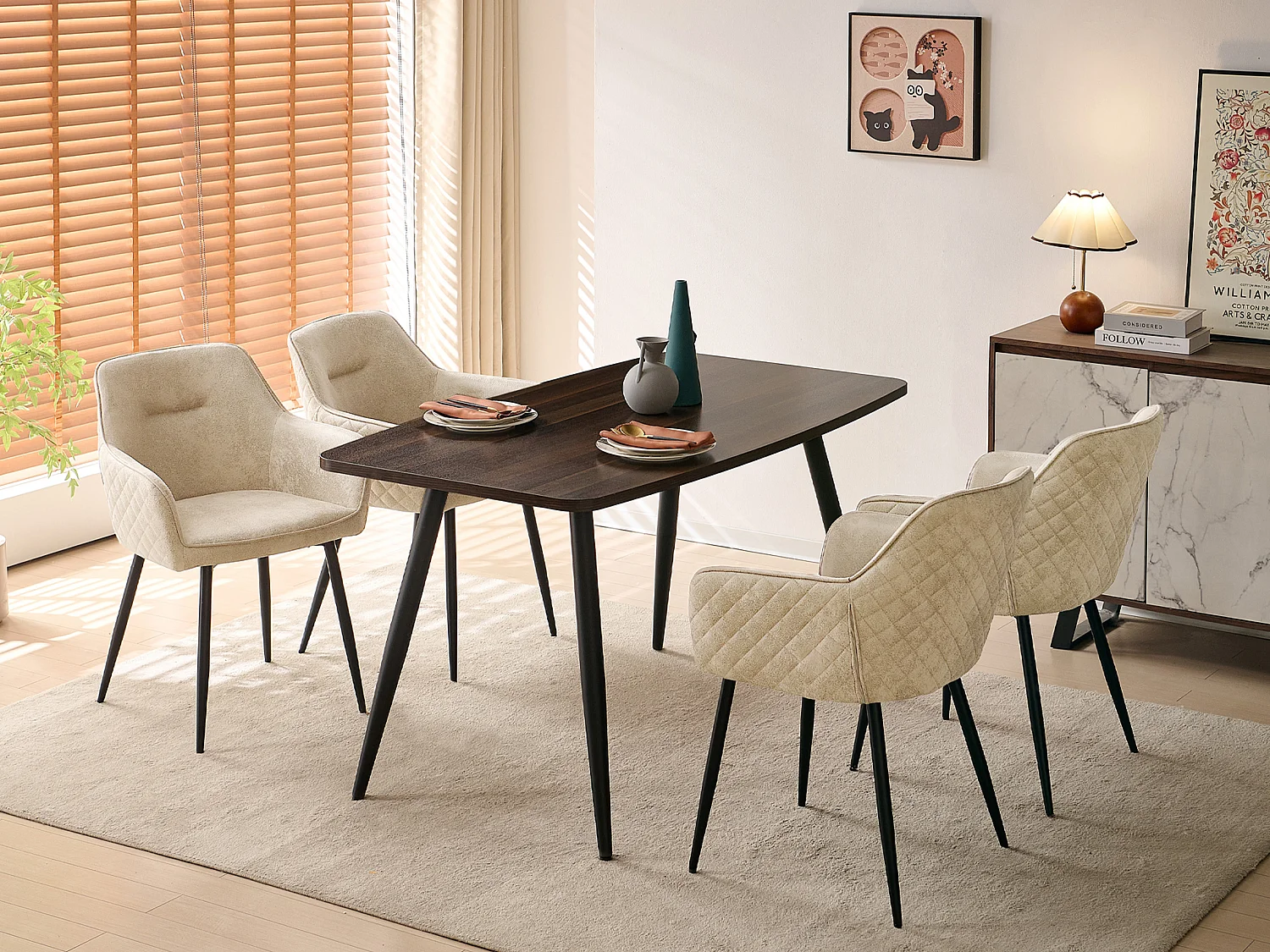 SONARA 140cm Rectangular Dining Table with Dark Walnut Top and Round Tube Metal Legs