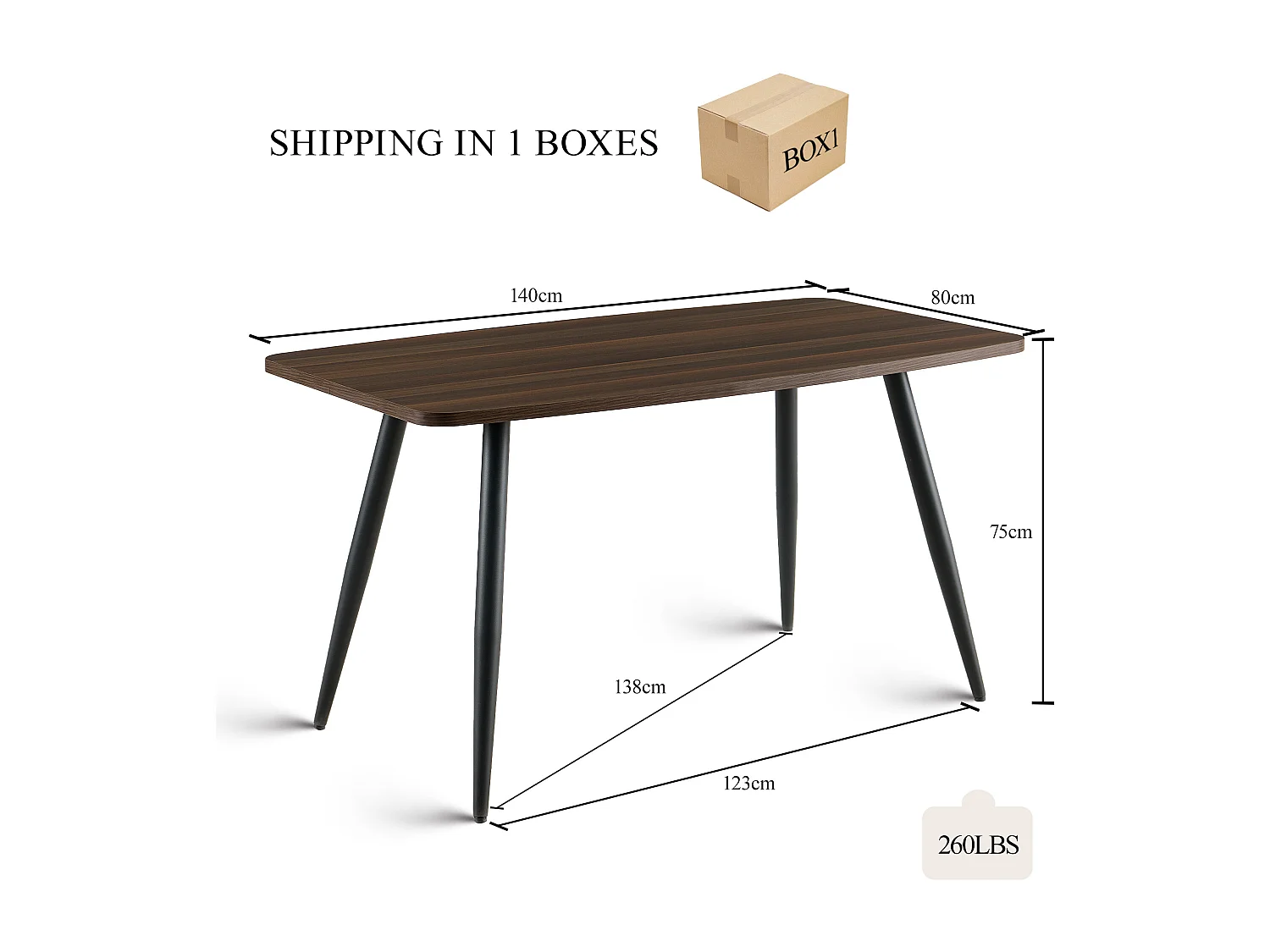 SONARA 140cm Rectangular Dining Table with Dark Walnut Top and Round Tube Metal Legs