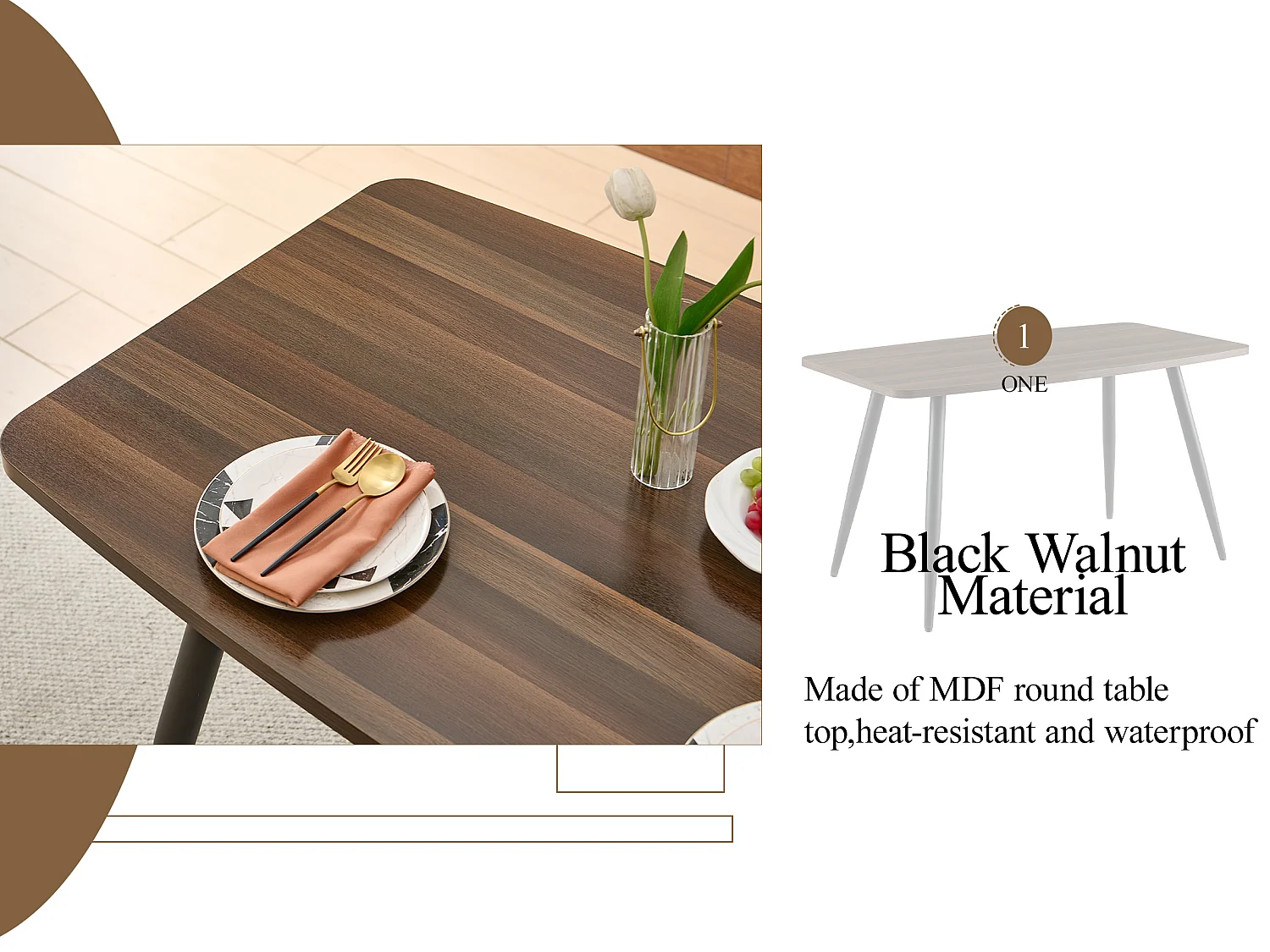 SONARA 140cm Rectangular Dining Table with Dark Walnut Top and Round Tube Metal Legs