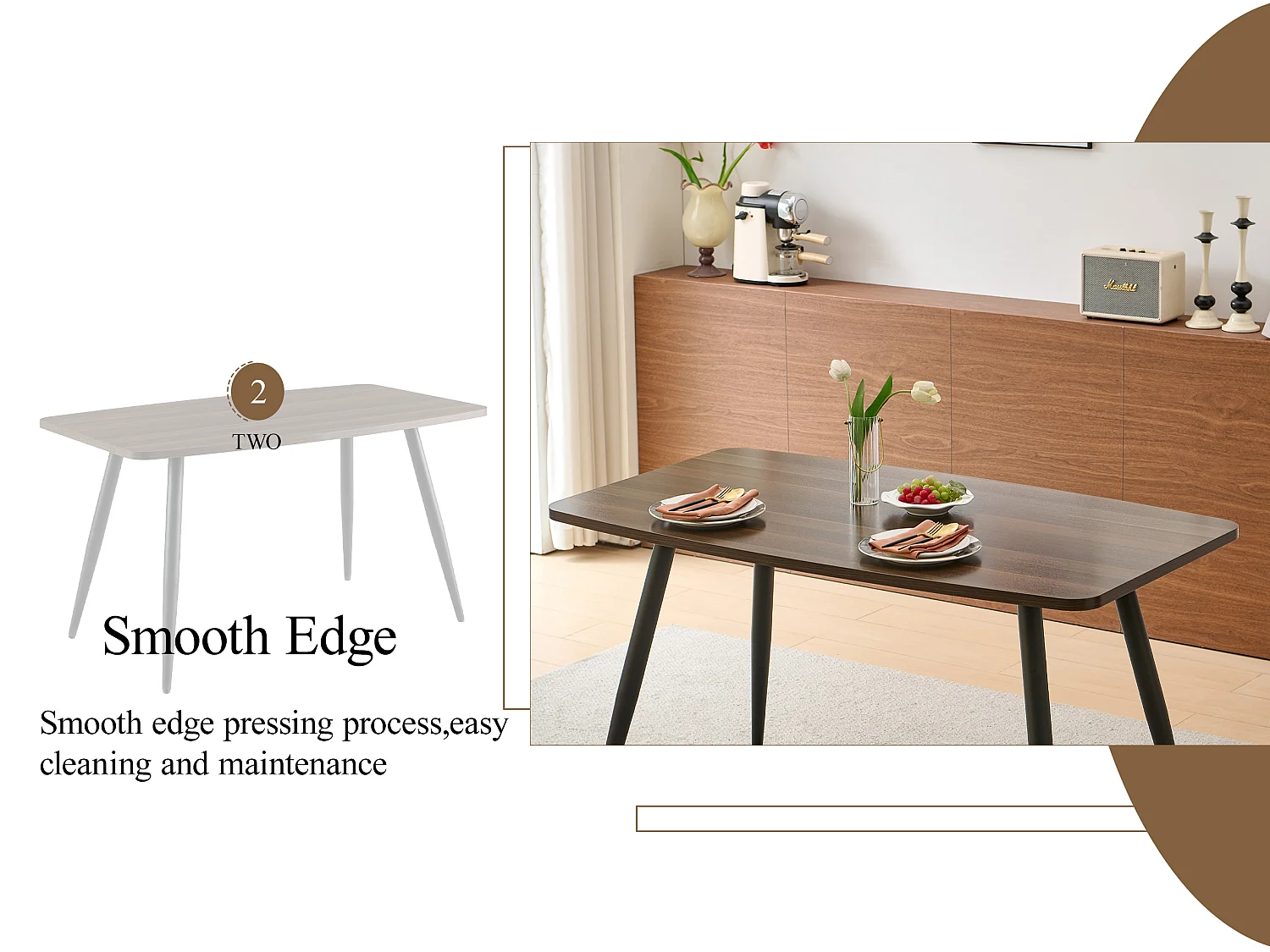 SONARA 140cm Rectangular Dining Table with Dark Walnut Top and Round Tube Metal Legs