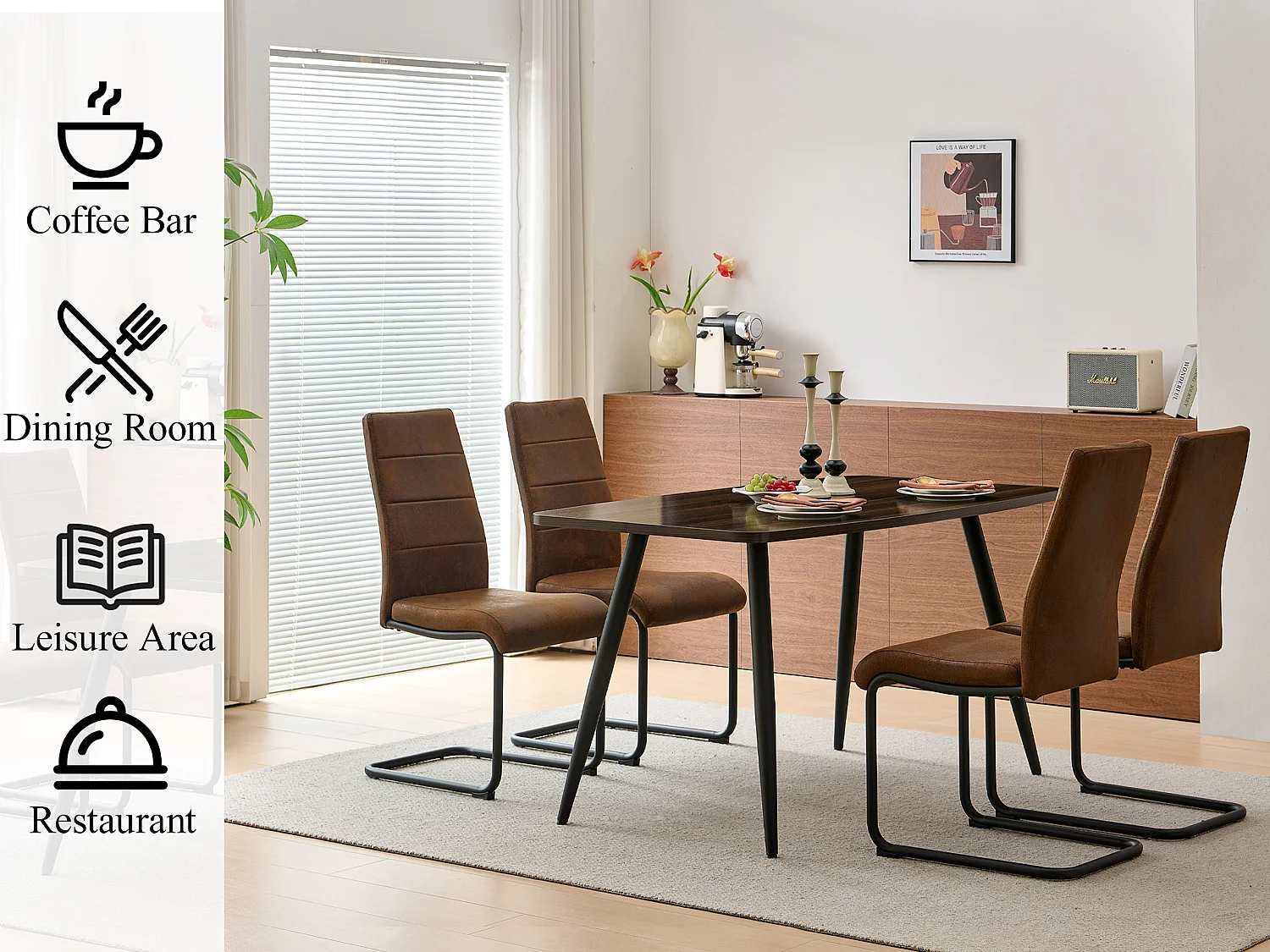 SONARA 140cm Rectangular Dining Table with Dark Walnut Top and Round Tube Metal Legs