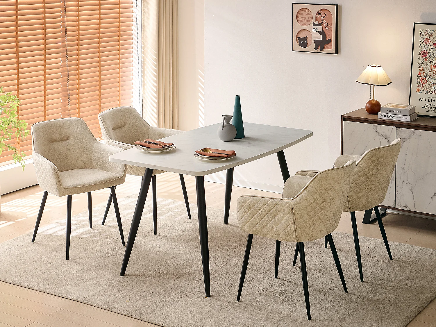 SONARA 140cm Rectangular Dining Table with White Marble Top and Round Tube Metal Legs