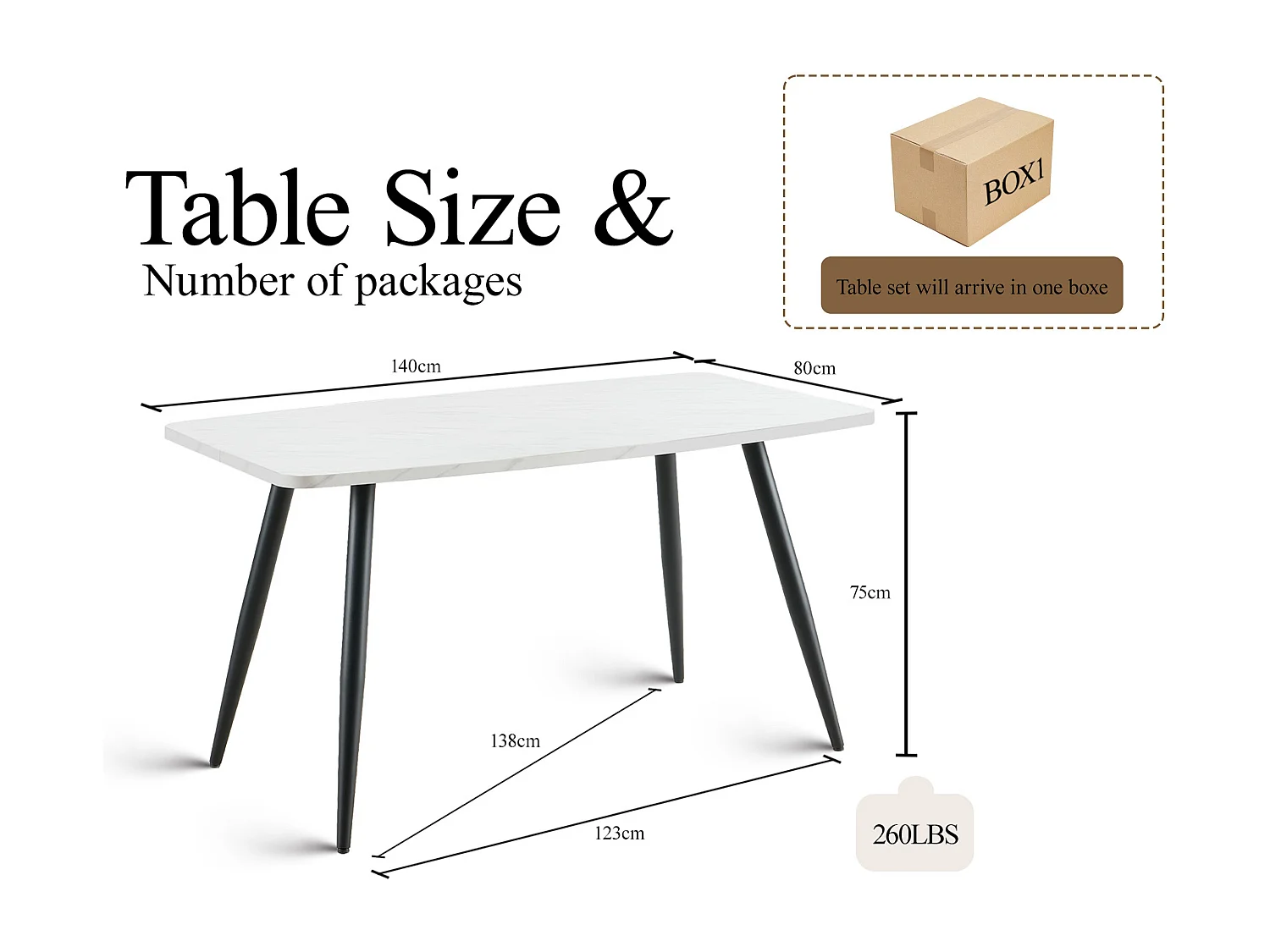 SONARA 140cm Rectangular Dining Table with White Marble Top and Round Tube Metal Legs