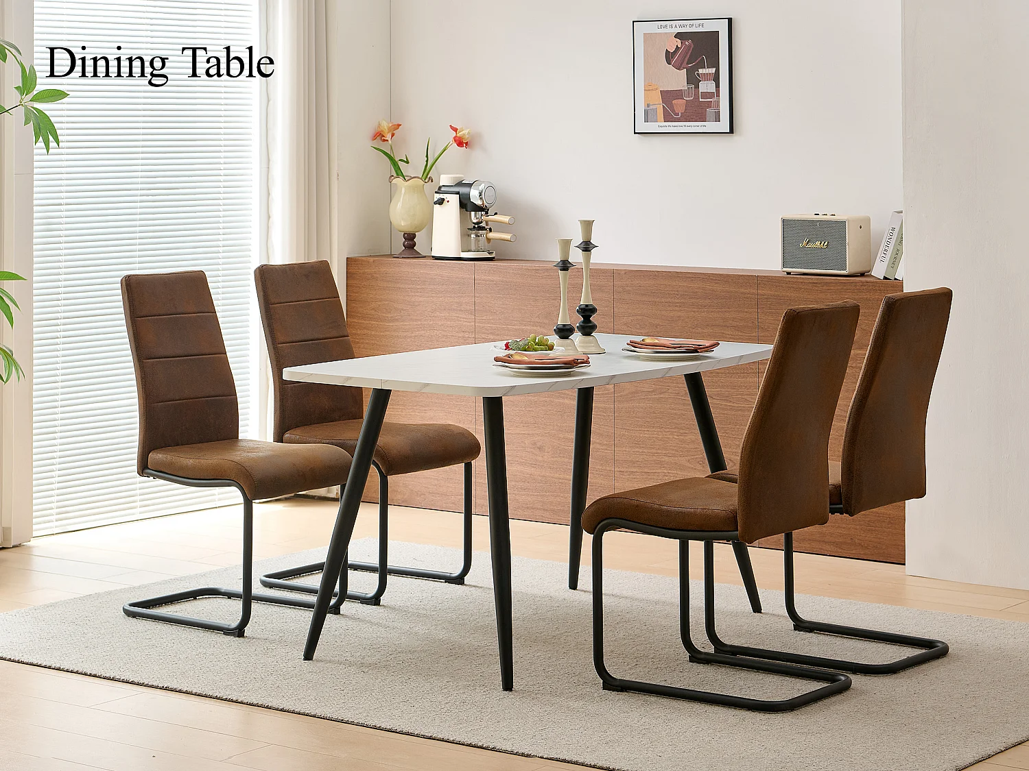 SONARA 140cm Rectangular Dining Table with White Marble Top and Round Tube Metal Legs