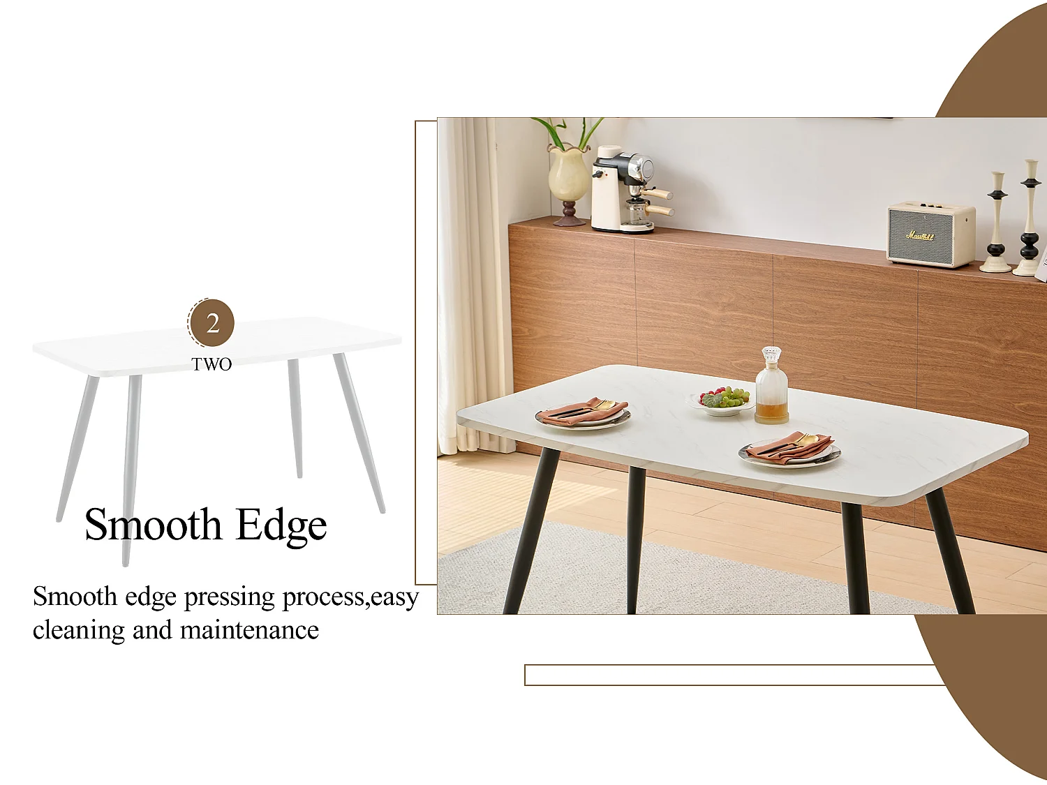 SONARA 140cm Rectangular Dining Table with White Marble Top and Round Tube Metal Legs