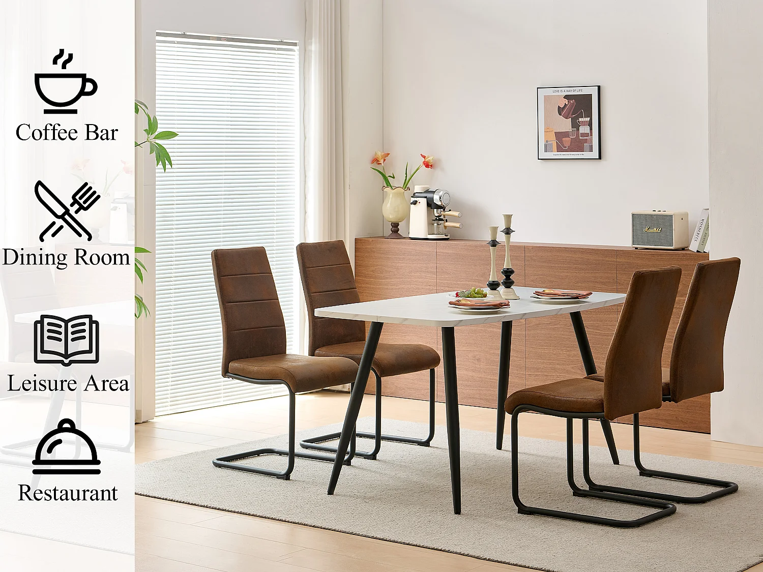 SONARA 140cm Rectangular Dining Table with White Marble Top and Round Tube Metal Legs