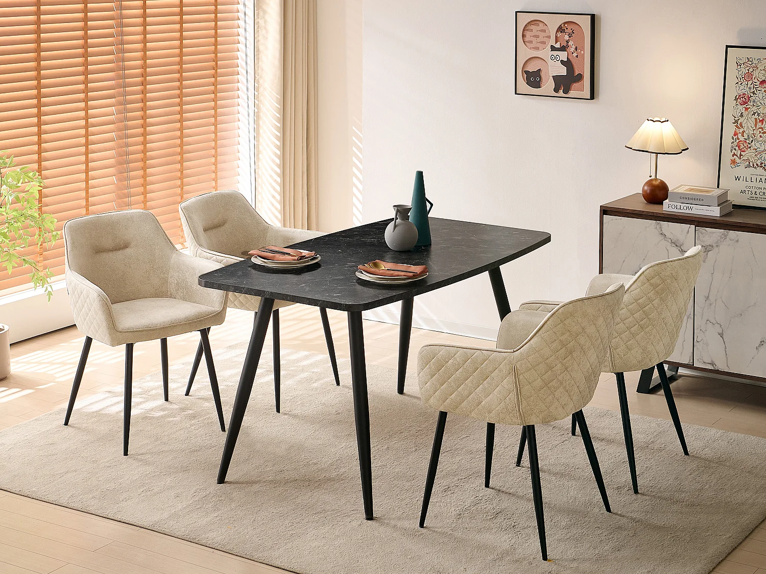 SONARA 140cm Rectangular Dining Table with Black Marble Top and Round Tube Metal Legs