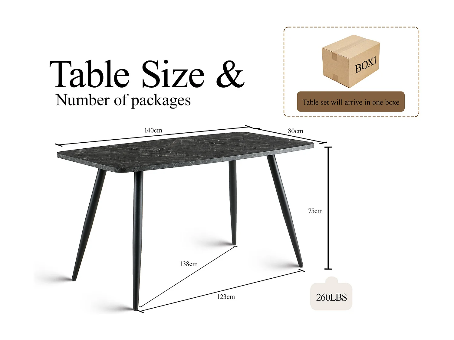 SONARA 140cm Rectangular Dining Table with Black Marble Top and Round Tube Metal Legs