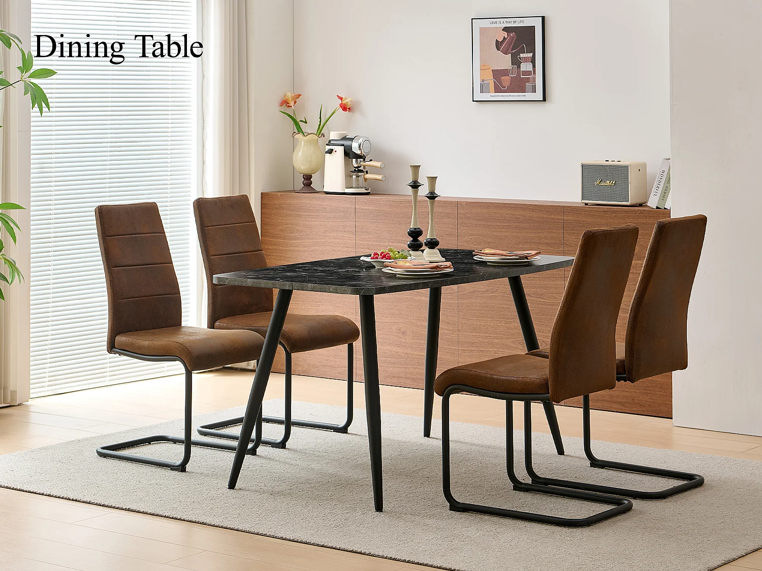 SONARA 140cm Rectangular Dining Table with Black Marble Top and Round Tube Metal Legs