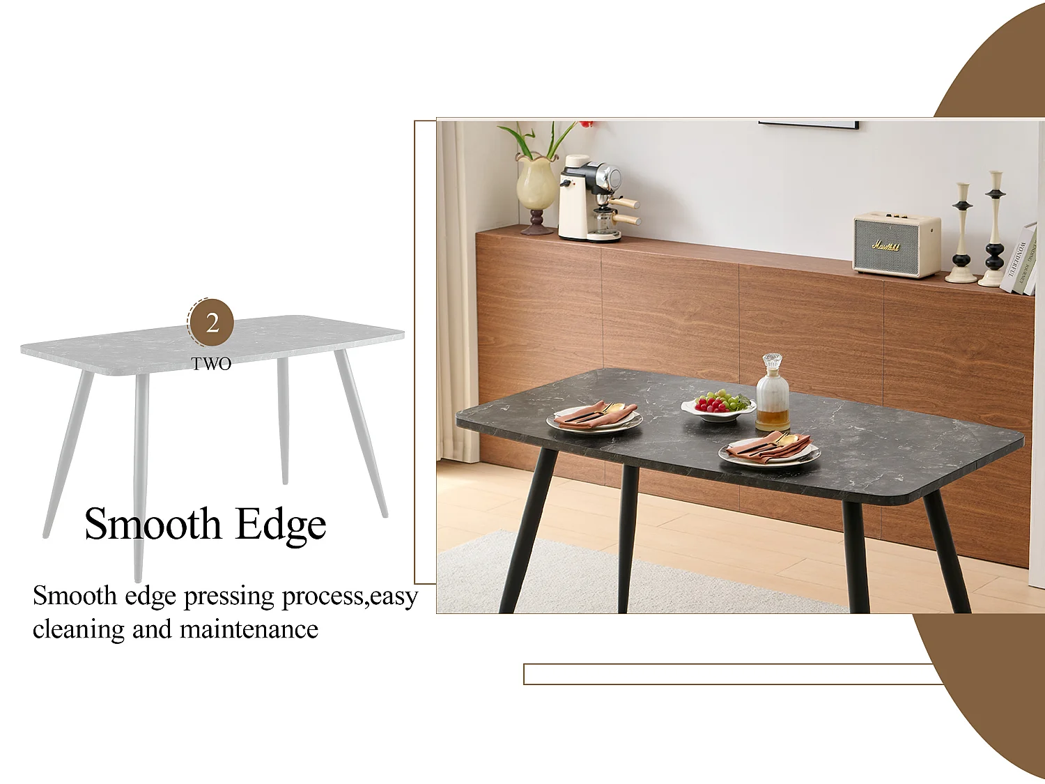 SONARA 140cm Rectangular Dining Table with Black Marble Top and Round Tube Metal Legs