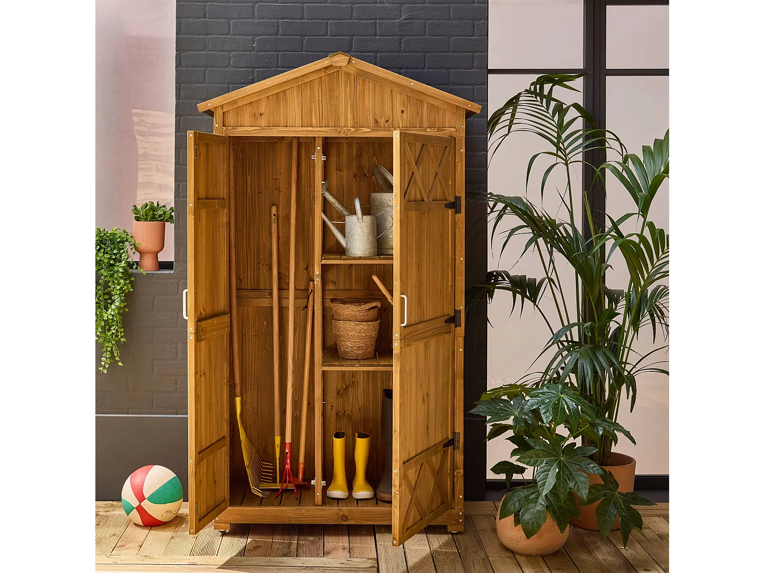 Abri de jardin 105 cm en bois. 6 espaces de rangement. L 105x P 55.5 x H 178.5cm