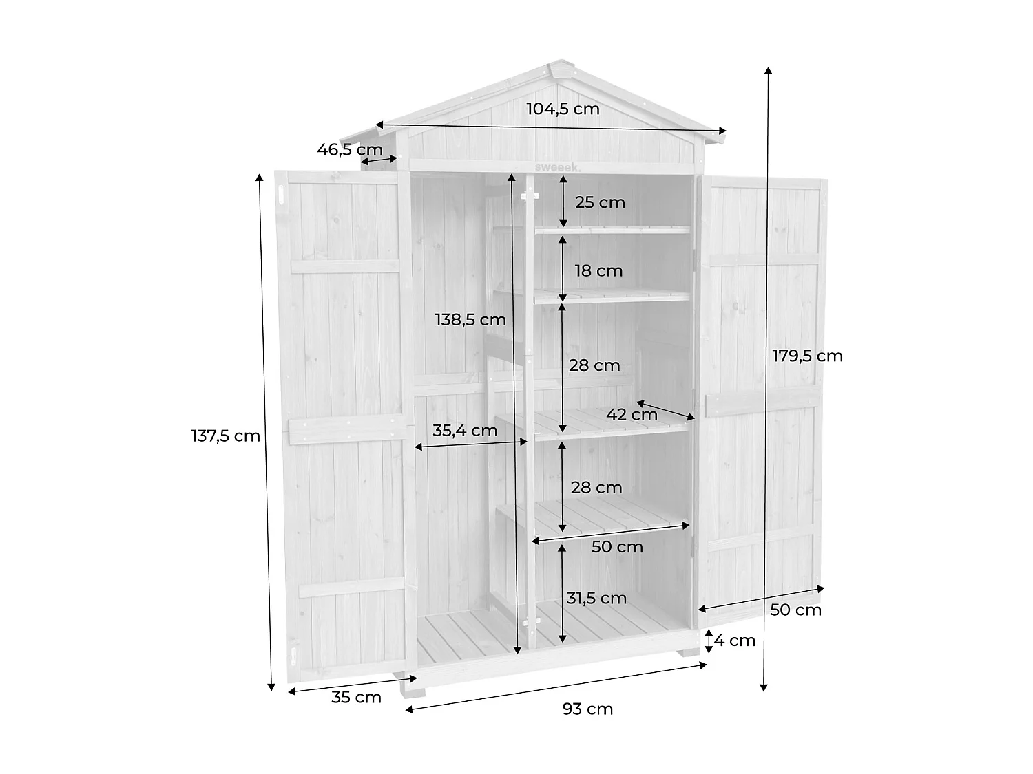 Abri de jardin 105 cm en bois. 6 espaces de rangement. L 105x P 55.5 x H 178.5cm