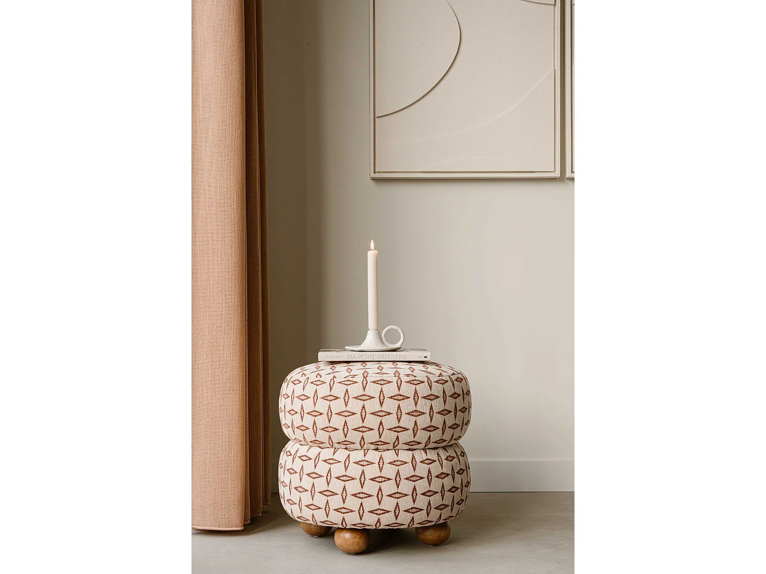 Poef 49 cm - beige - gewatteerde zitting - Indore Home