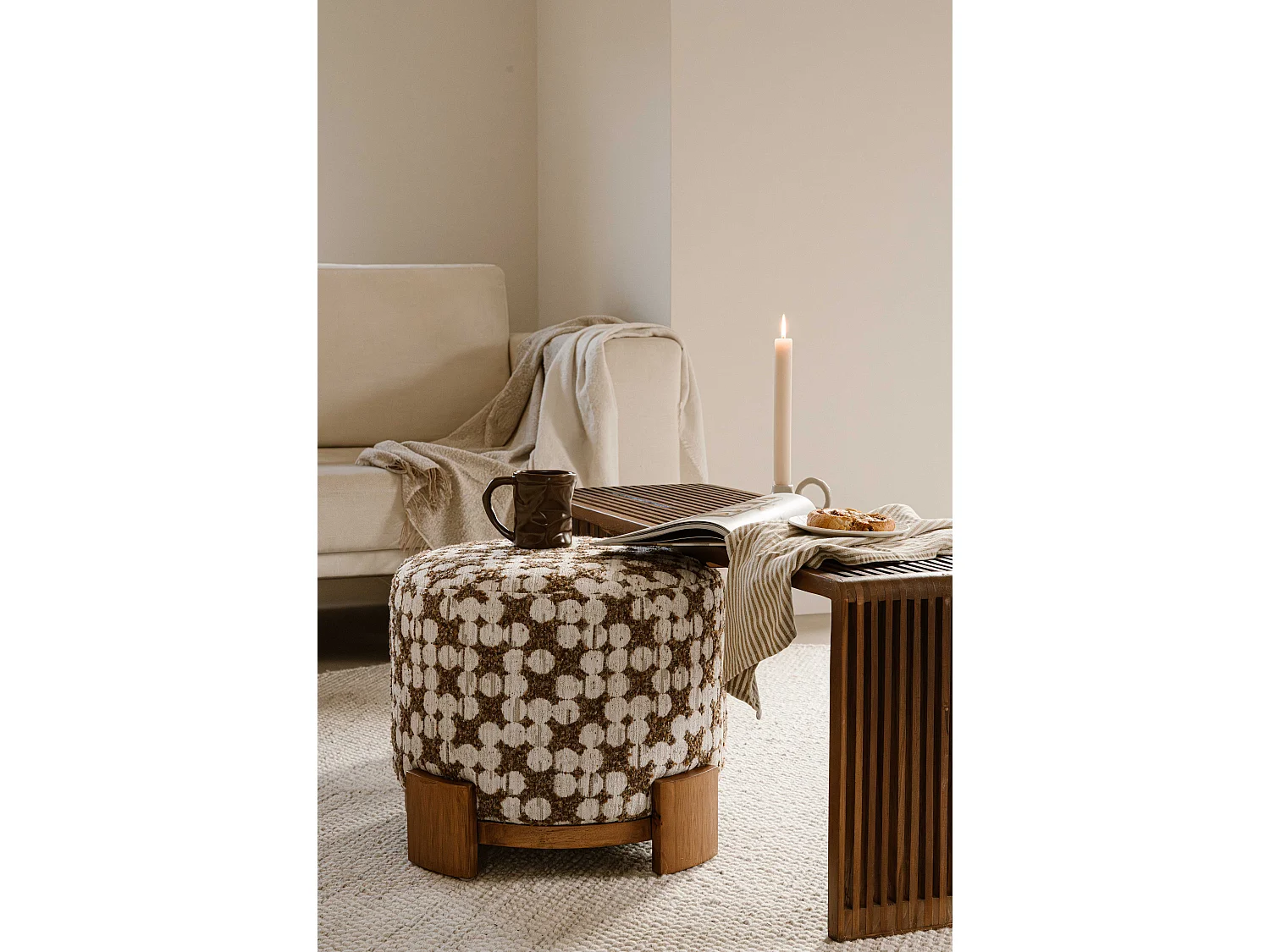 Tabouret ottoman 48 cm - Beige - Assise rembourrée - Indore Home