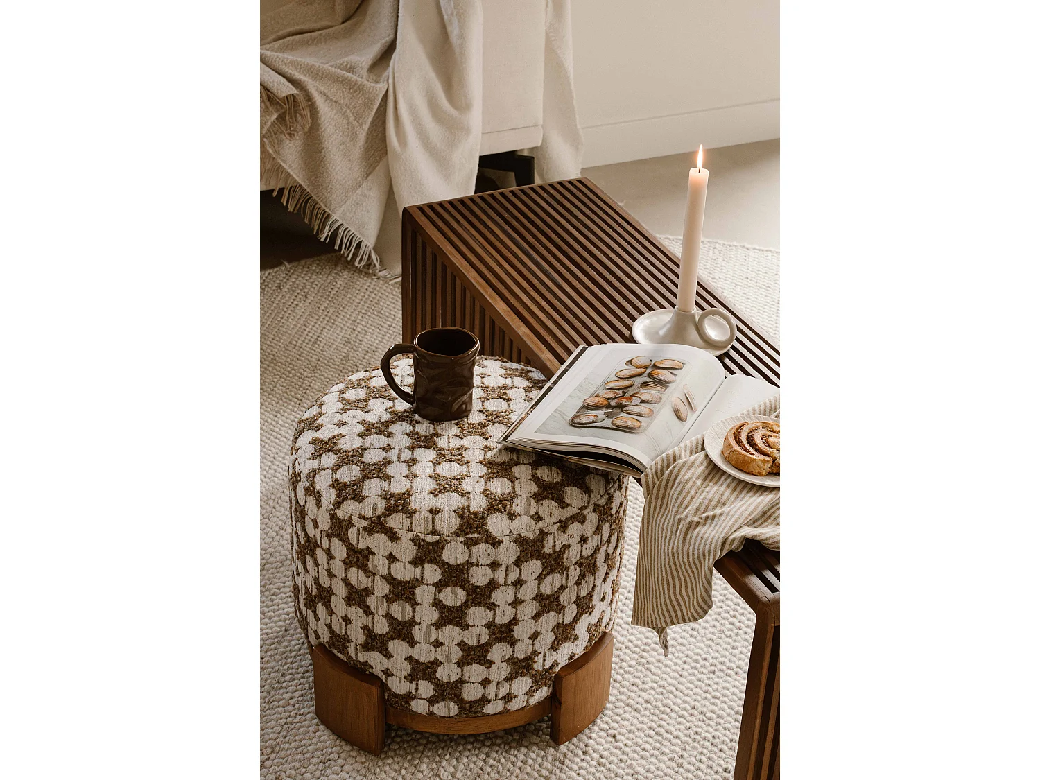 Tabouret ottoman 48 cm - Beige - Assise rembourrée - Indore Home