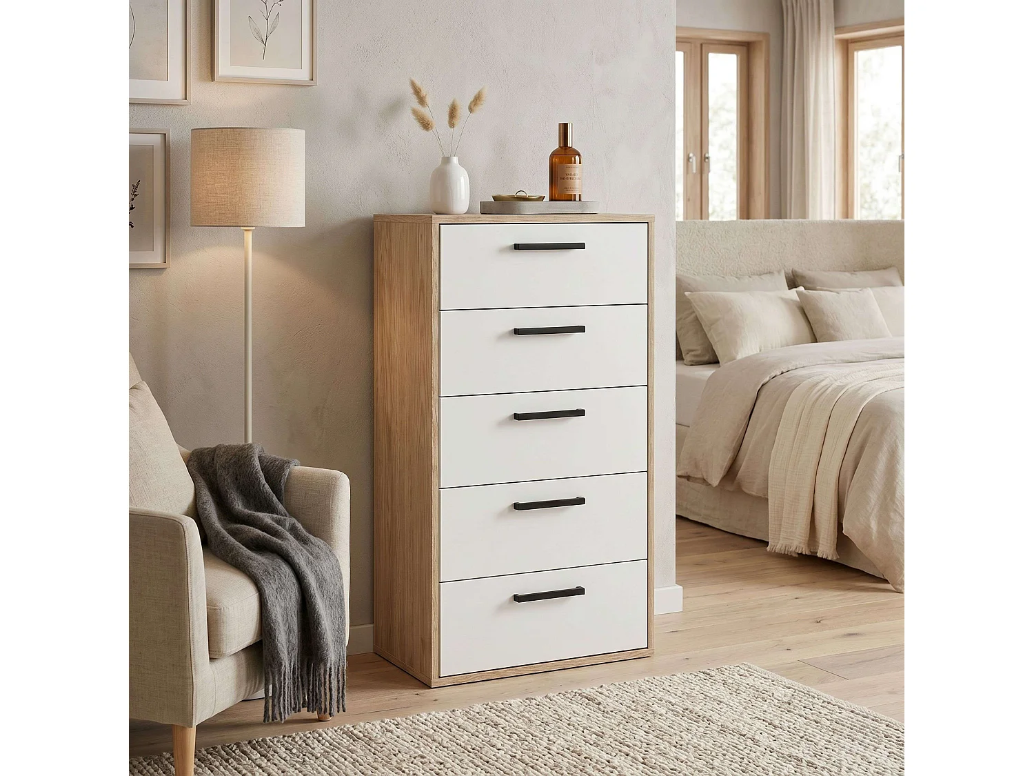 Cômoda Rosi com 5 gavetas, em carvalho artesanal e melamina branca, 99x40x35 cm