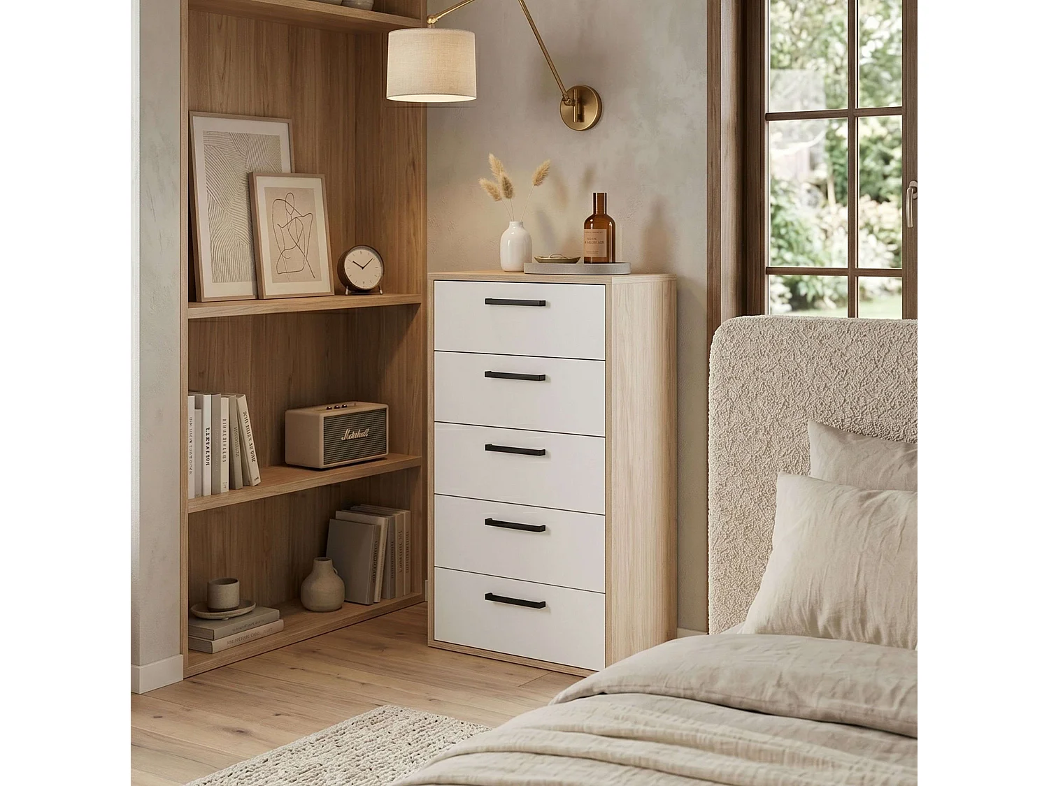 Cômoda Rosi com 5 gavetas, em carvalho artesanal e melamina branca, 99x40x35 cm