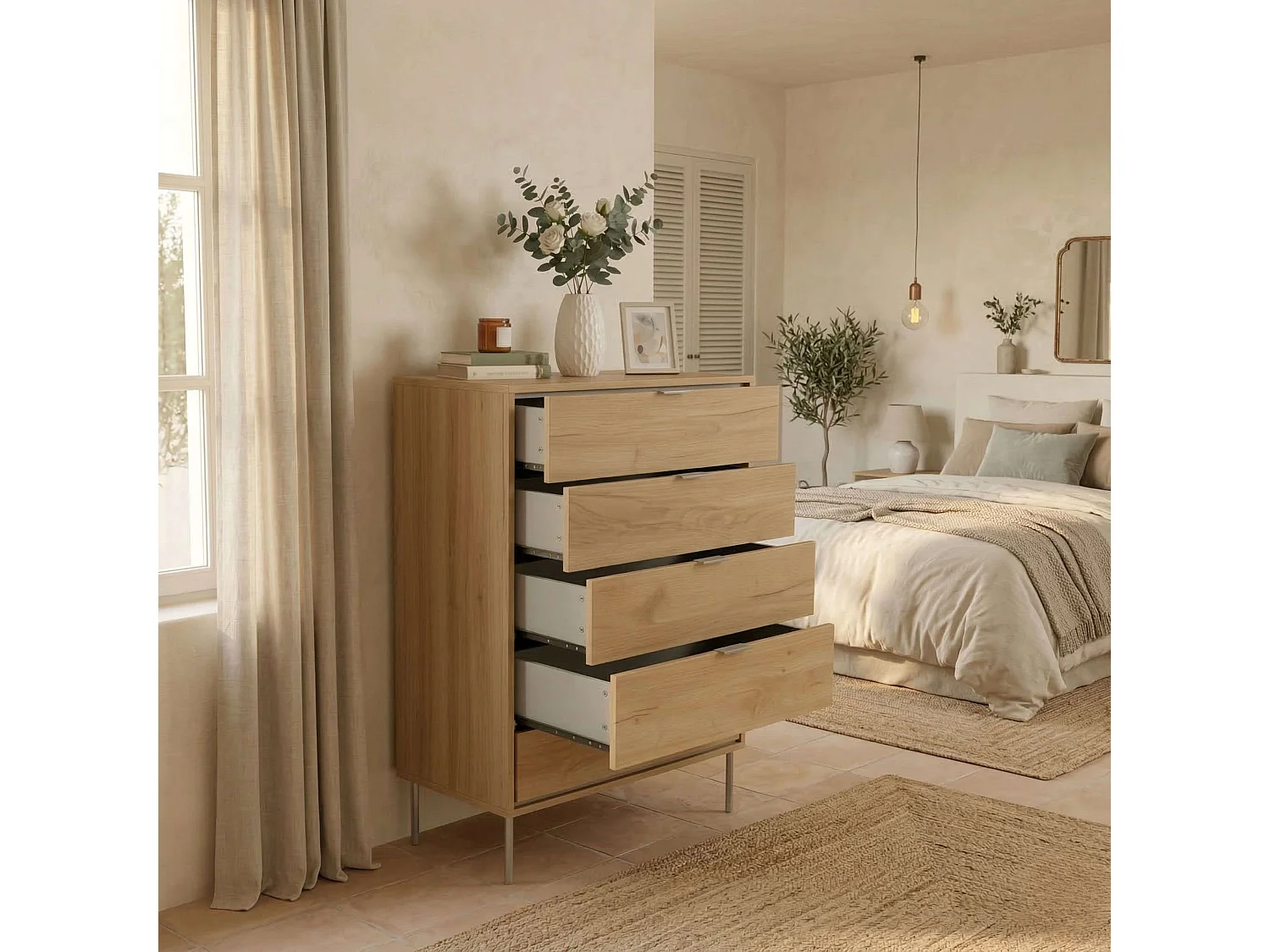 Cômoda Sforza para quarto com 5 gavetas, cor carvalho natural, 75x100x40 cm