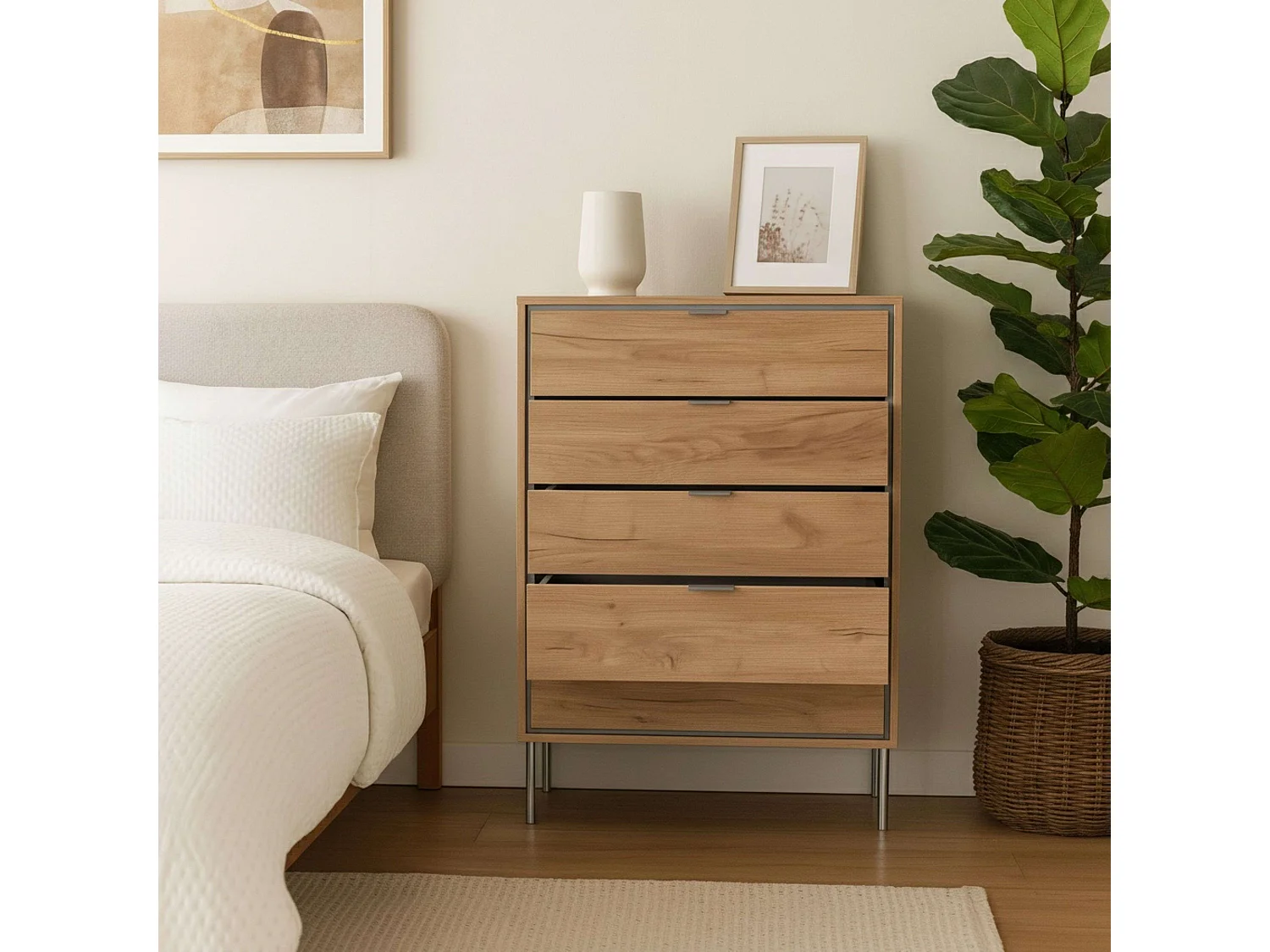 Cômoda Sforza para quarto com 5 gavetas, cor carvalho natural, 75x100x40 cm