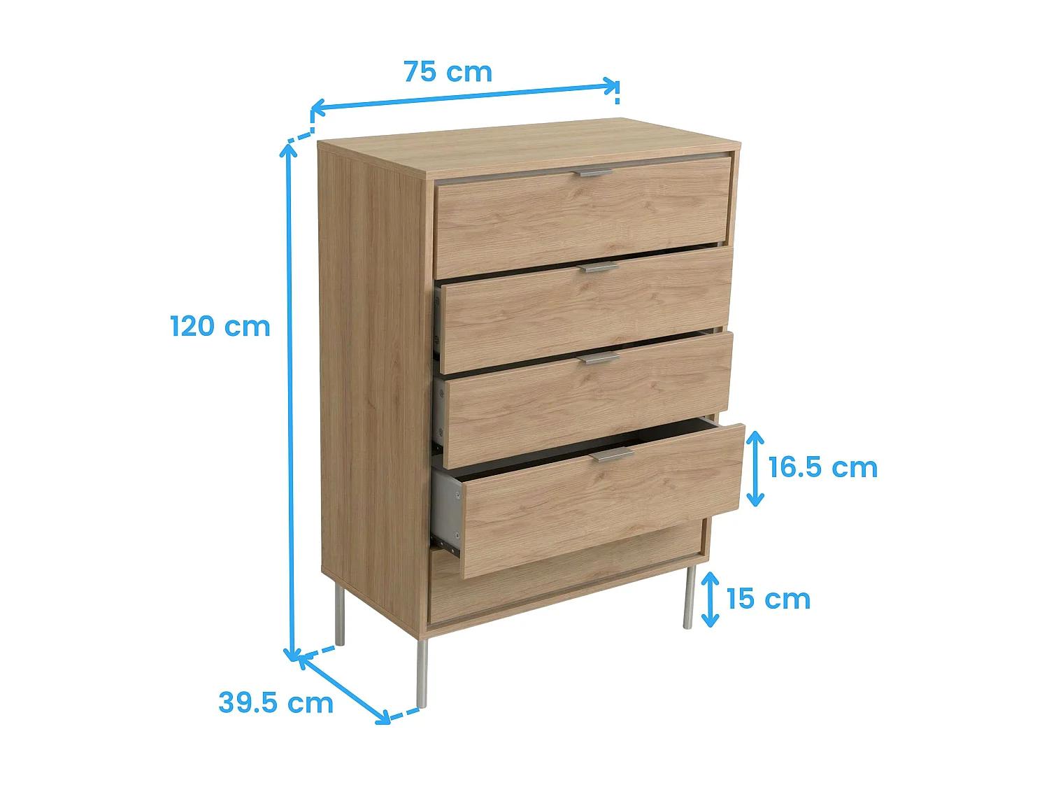 Cômoda Sforza para quarto com 5 gavetas, cor carvalho natural, 75x100x40 cm