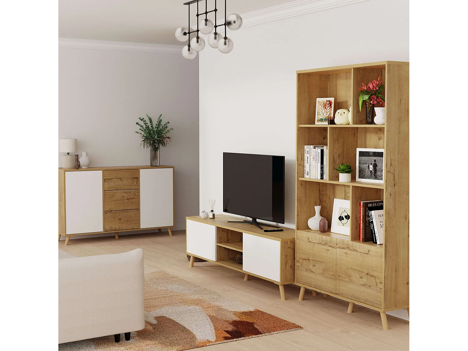 Móvel para TV Oslo com 2 portas e 1 prateleira, carvalho, dourado, branco fosco, 160x55x40 cm