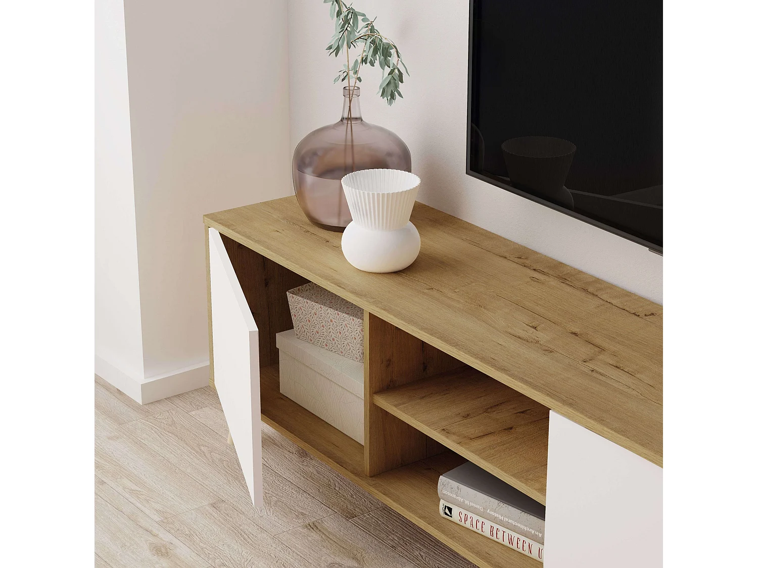 Móvel para TV Oslo com 2 portas e 1 prateleira, carvalho, dourado, branco fosco, 160x55x40 cm