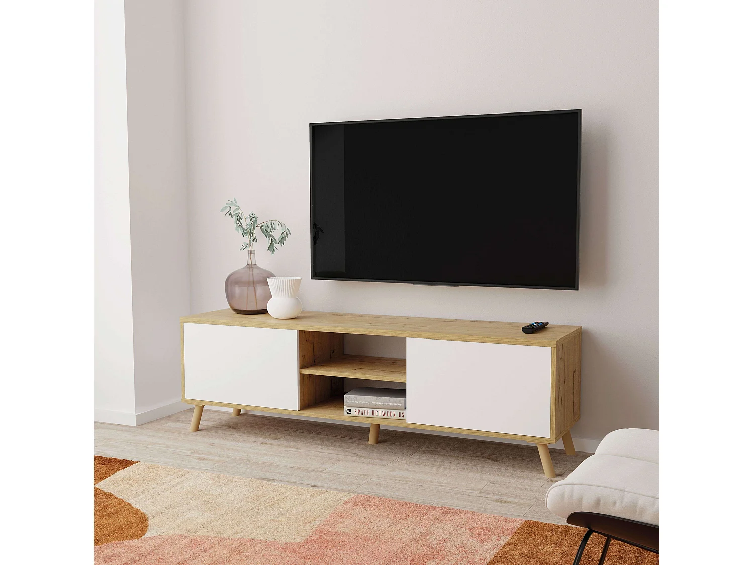Móvel para TV Oslo com 2 portas e 1 prateleira, carvalho, dourado, branco fosco, 160x55x40 cm