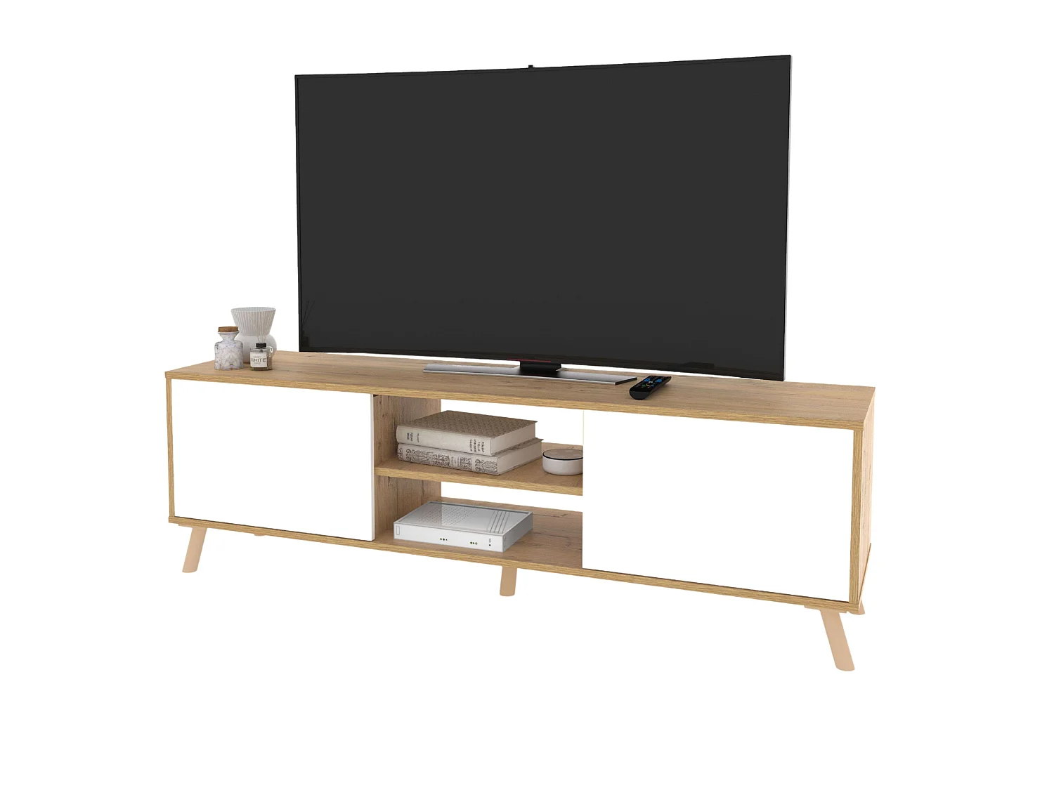 Móvel para TV Oslo com 2 portas e 1 prateleira, carvalho, dourado, branco fosco, 160x55x40 cm