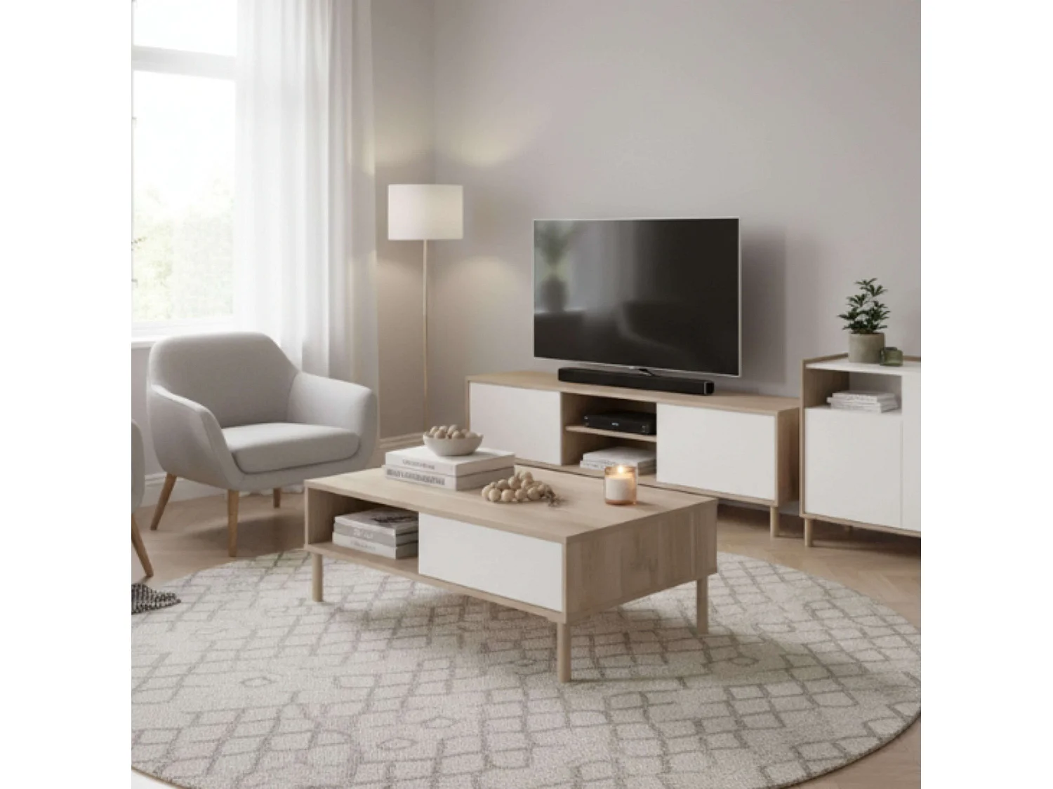 Móvel para TV Oslo com 2 portas e 1 prateleira, carvalho, dourado, branco fosco, 160x55x40 cm