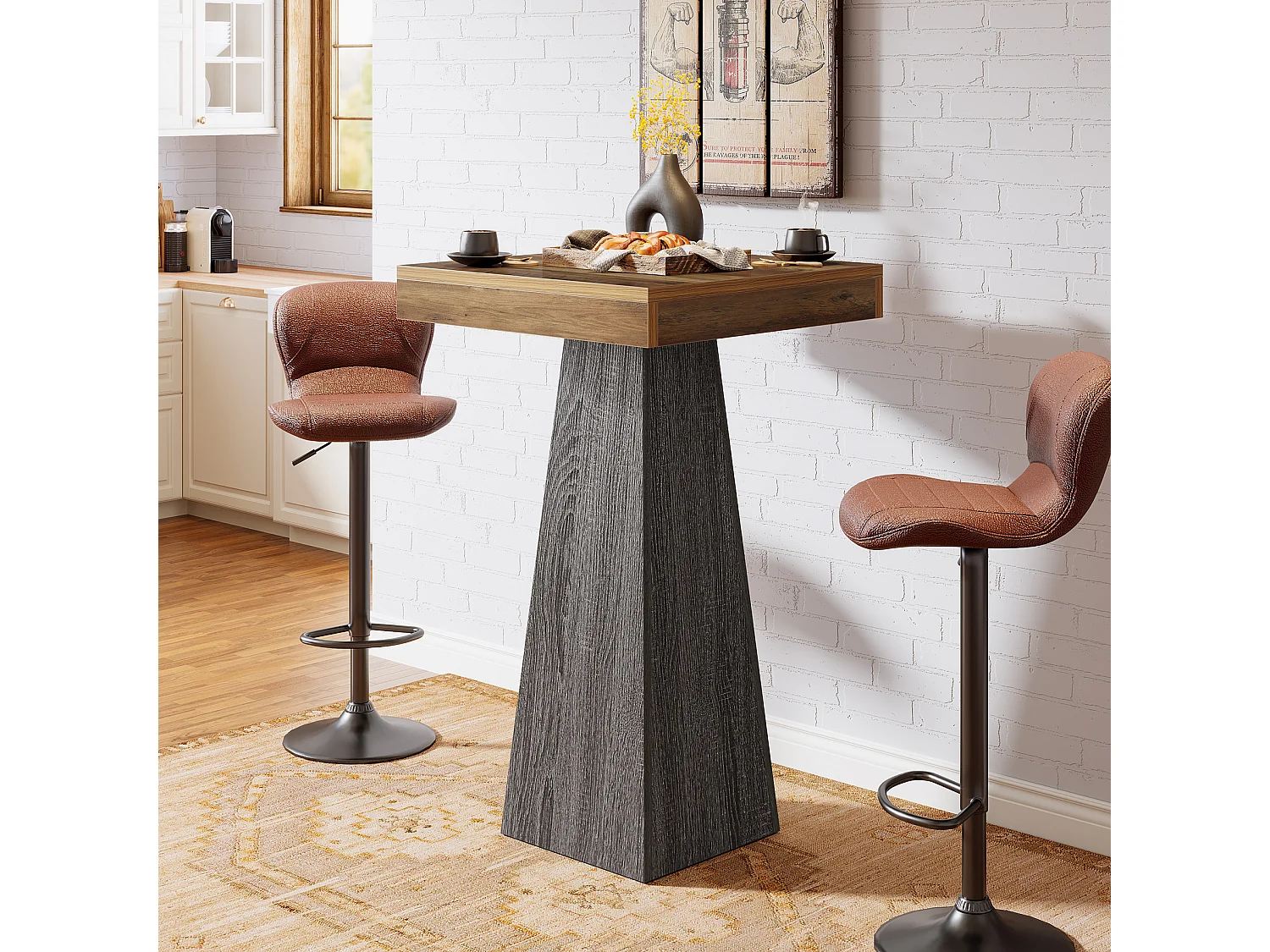 Table de bar carrée, table haute de 100 cm avec pied fuselé, idéale pour un bar, une cuisine ou un petit espace.