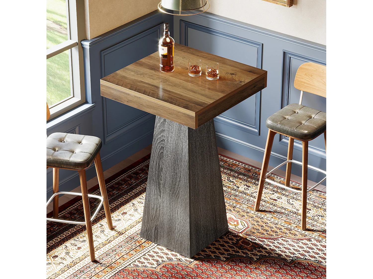 Table de bar carrée, table haute de 100 cm avec pied fuselé, idéale pour un bar, une cuisine ou un petit espace.