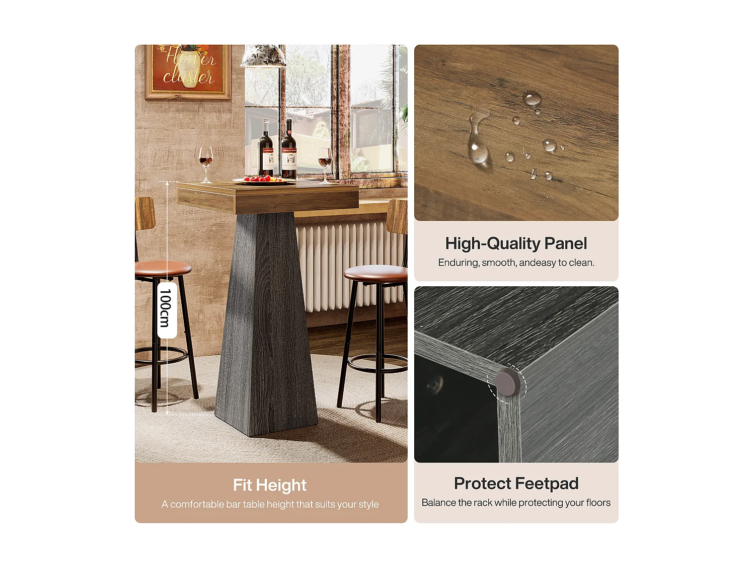 Table de bar carrée, table haute de 100 cm avec pied fuselé, idéale pour un bar, une cuisine ou un petit espace.