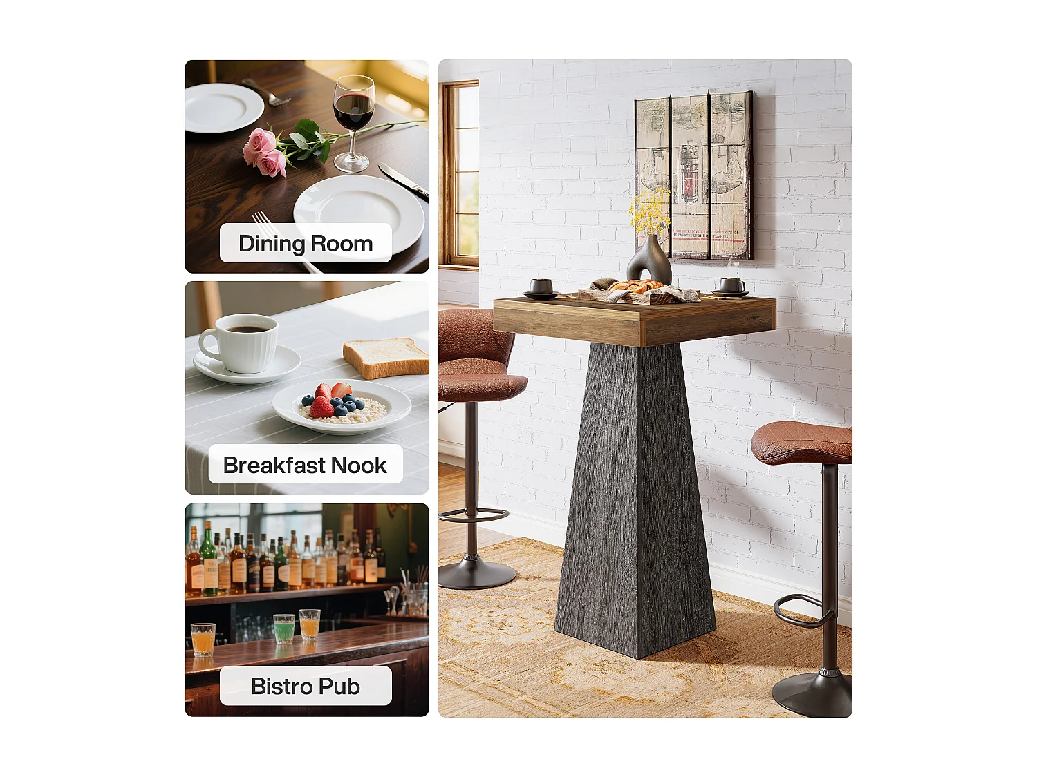 Table de bar carrée, table haute de 100 cm avec pied fuselé, idéale pour un bar, une cuisine ou un petit espace.