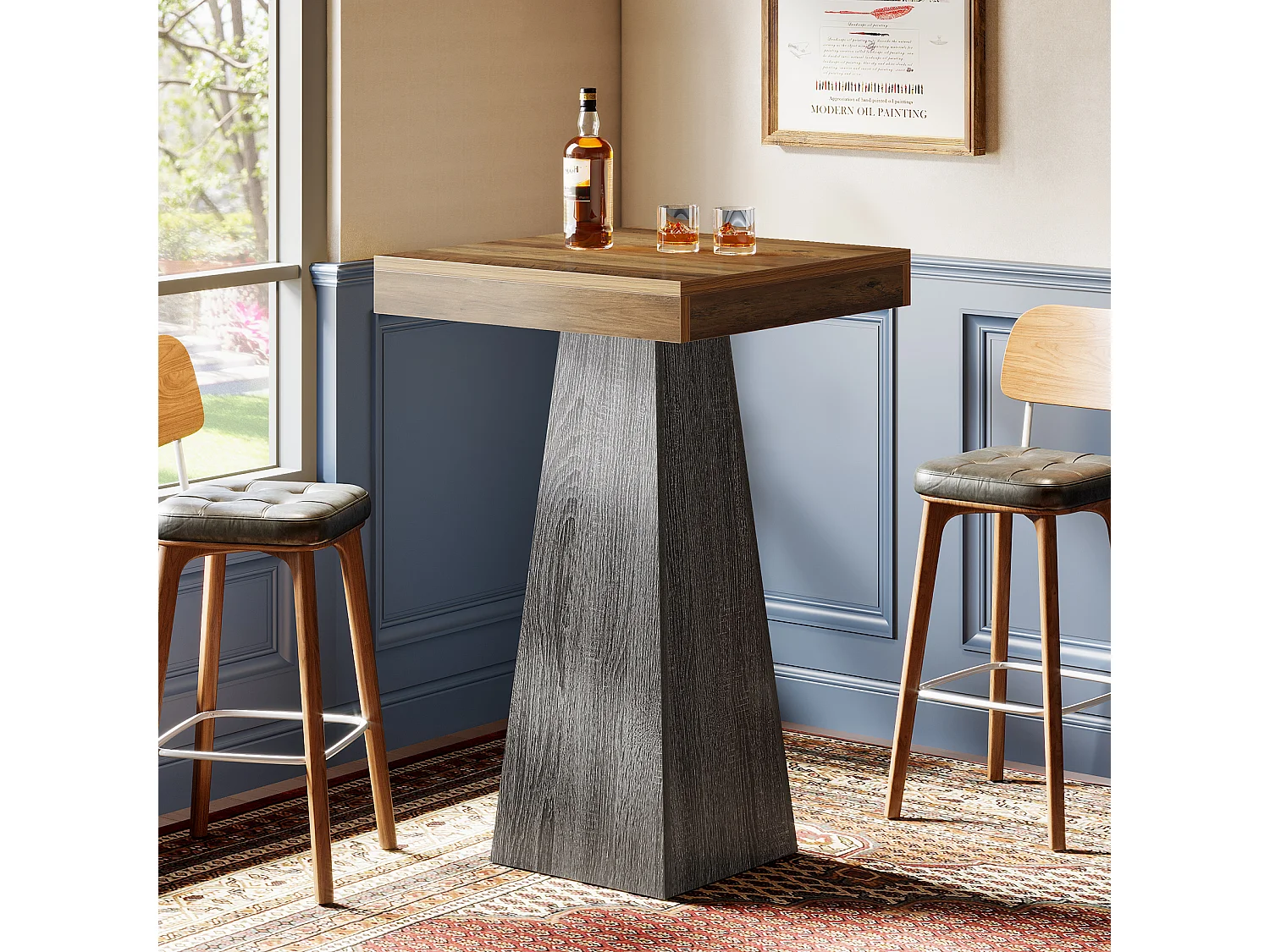 Table de bar carrée, table haute de 100 cm avec pied fuselé, idéale pour un bar, une cuisine ou un petit espace.
