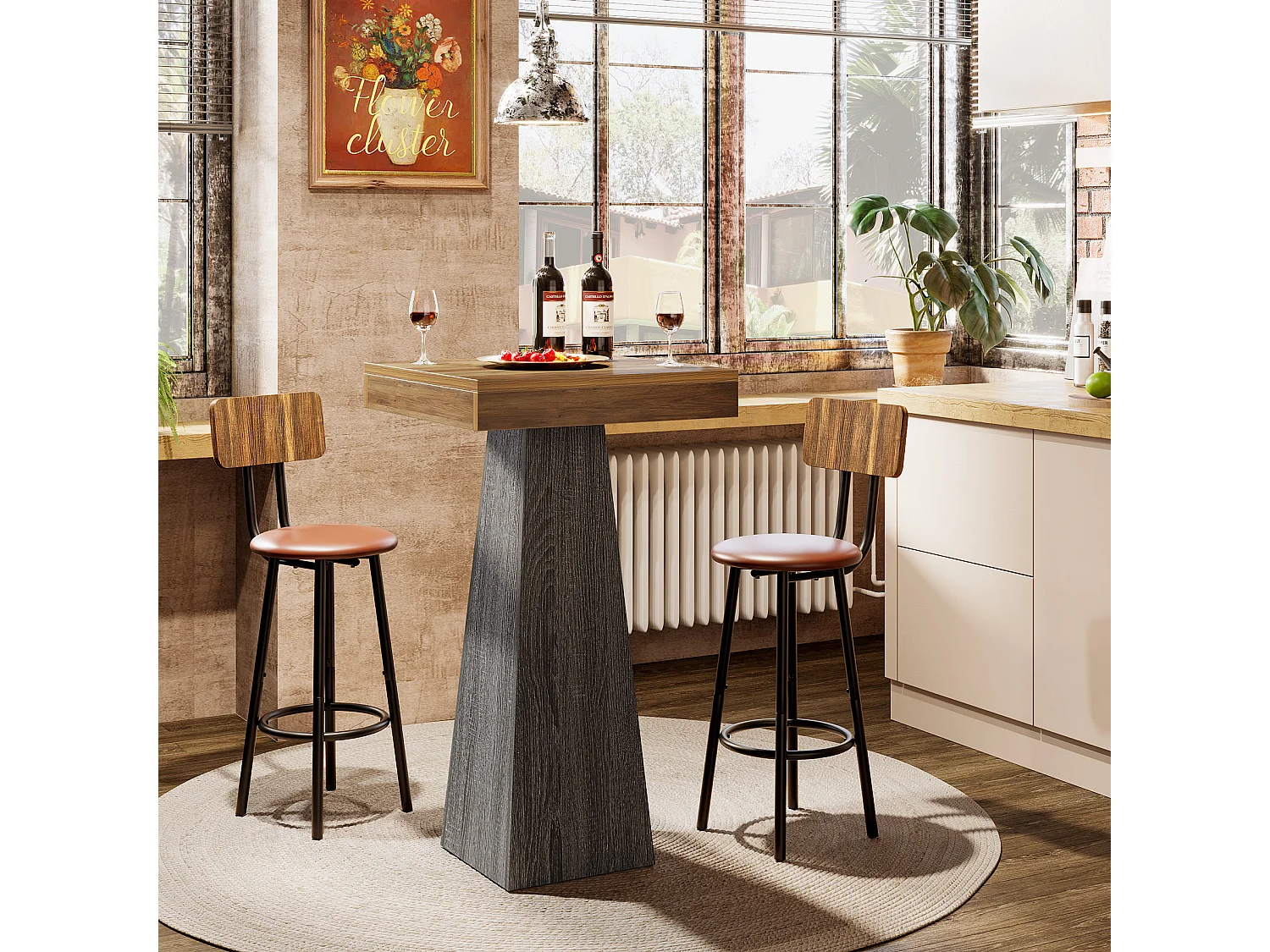 Table de bar carrée, table haute de 100 cm avec pied fuselé, idéale pour un bar, une cuisine ou un petit espace.