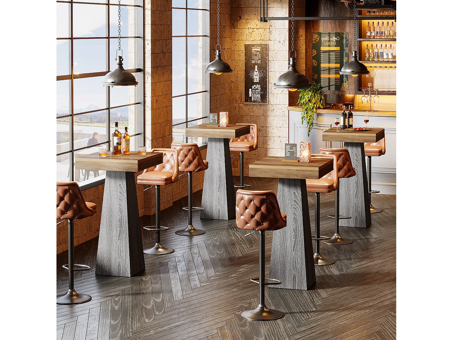 Table de bar carrée, table haute de 100 cm avec pied fuselé, idéale pour un bar, une cuisine ou un petit espace.