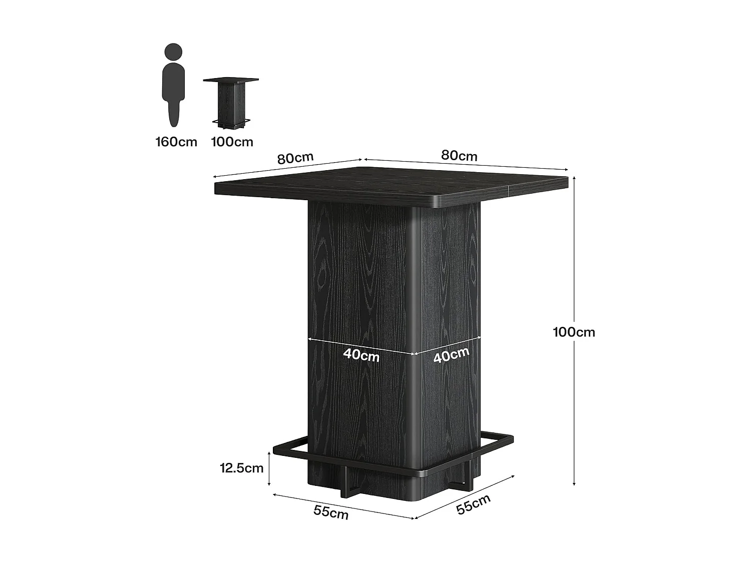 Table de bar carrée de 100 cm de haut, idéale pour les petits bars, salles à manger et cuisines, noire (table seule).