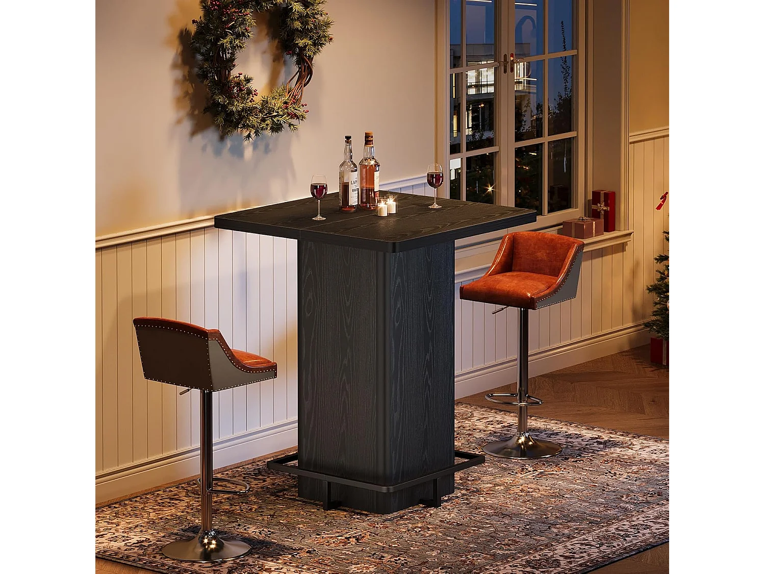 Table de bar carrée de 100 cm de haut, idéale pour les petits bars, salles à manger et cuisines, noire (table seule).