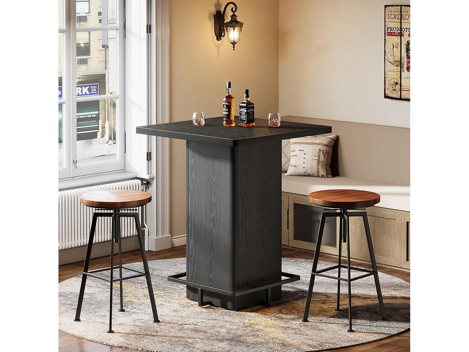 Table de bar carrée de 100 cm de haut, idéale pour les petits bars, salles à manger et cuisines, noire (table seule).
