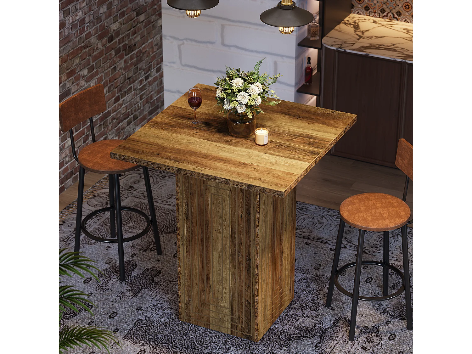 Table de bar carrée, meuble bar à la texture géométrique pour salle à manger ou cuisine, 79 x 79 x 90 cm