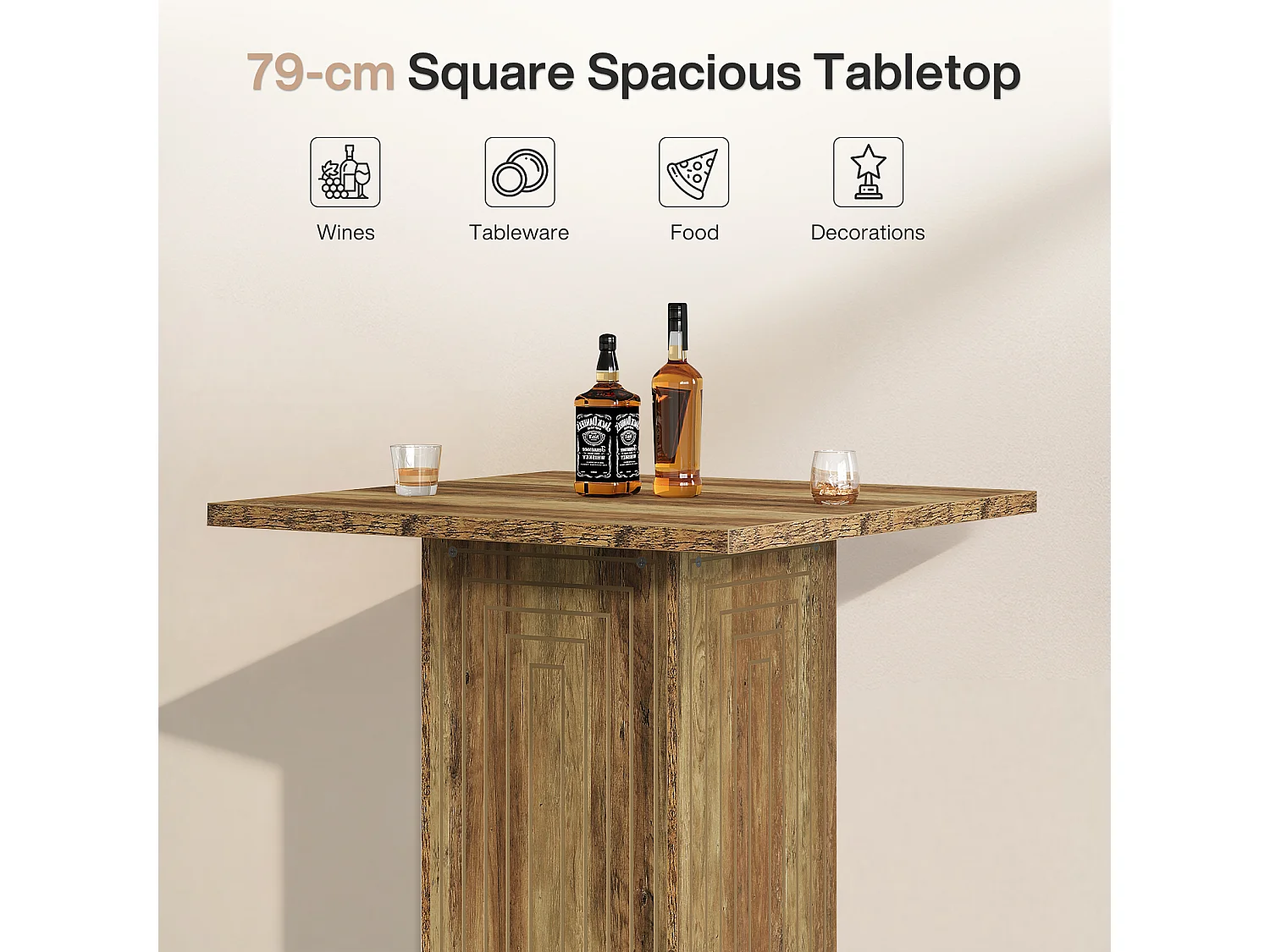 Table de bar carrée, meuble bar à la texture géométrique pour salle à manger ou cuisine, 79 x 79 x 90 cm