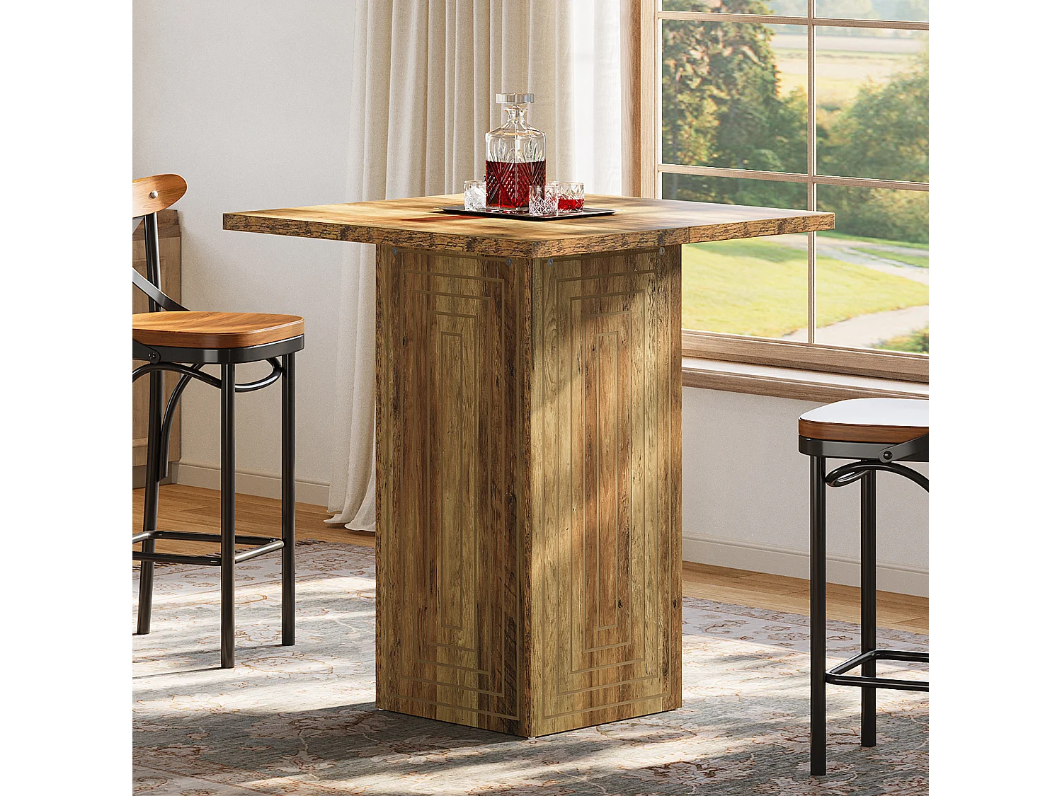 Table de bar carrée, meuble bar à la texture géométrique pour salle à manger ou cuisine, 79 x 79 x 90 cm