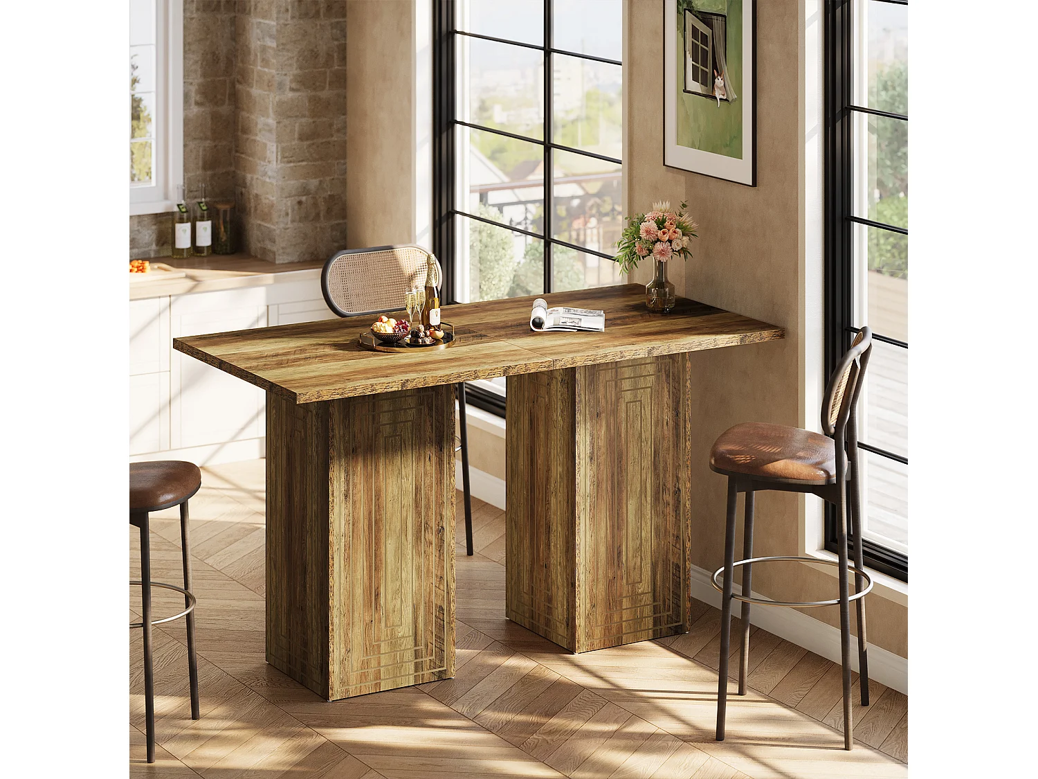 Table de bar carrée, meuble bar à la texture géométrique pour salle à manger ou cuisine, 79 x 79 x 90 cm