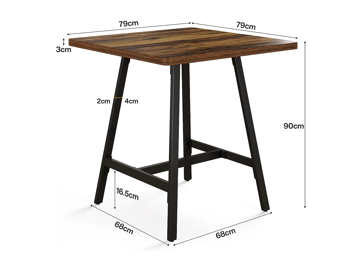Table de bar industrielle avec plateau épais, petite table de cuisine pour salon et réceptions, 79 x 79 x 90 cm