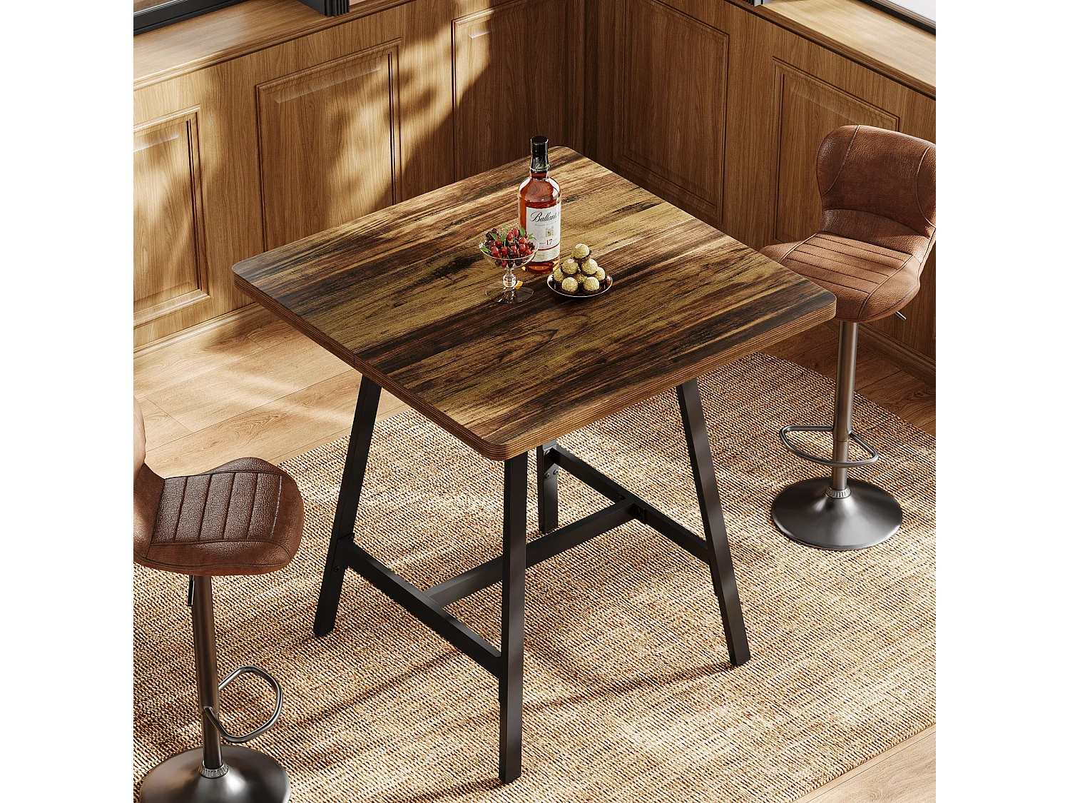 Table de bar industrielle avec plateau épais, petite table de cuisine pour salon et réceptions, 79 x 79 x 90 cm