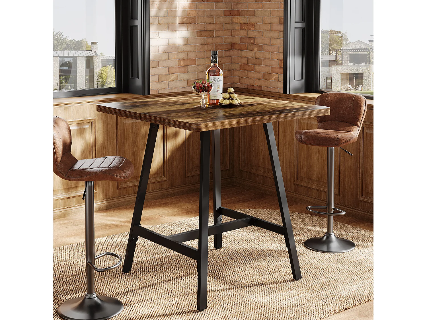Table de bar industrielle avec plateau épais, petite table de cuisine pour salon et réceptions, 79 x 79 x 90 cm