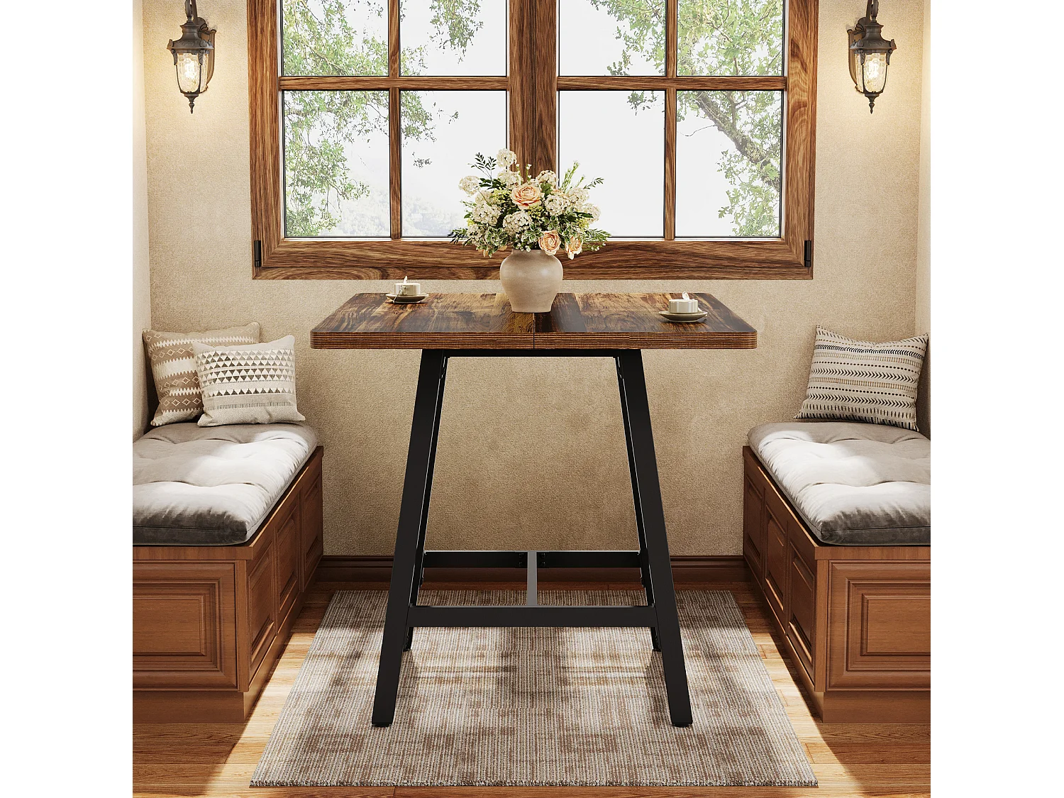 Table de bar industrielle avec plateau épais, petite table de cuisine pour salon et réceptions, 79 x 79 x 90 cm